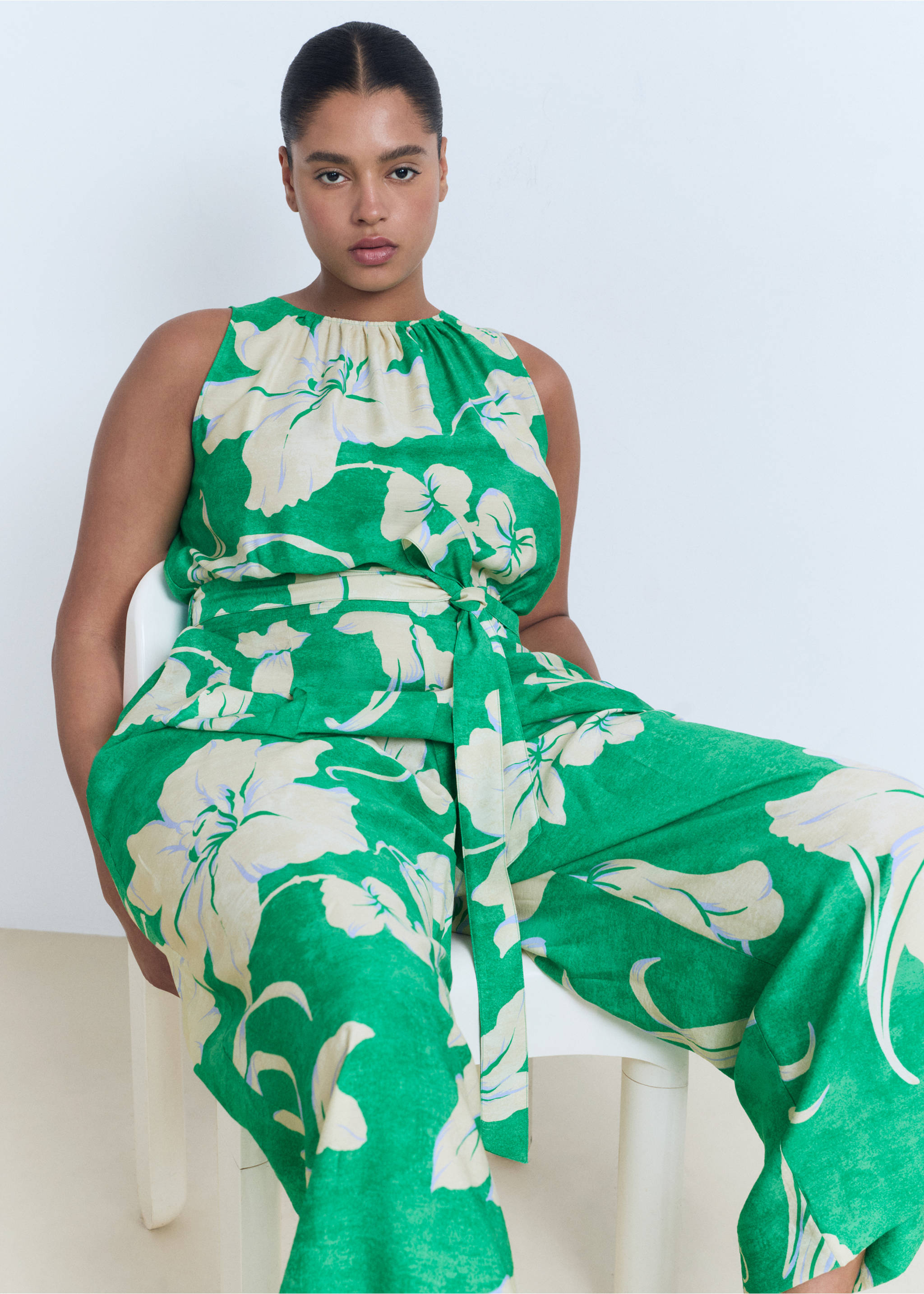 Belt printed jumpsuit - Details of the article 5, Green. Ref: 17081186-00.