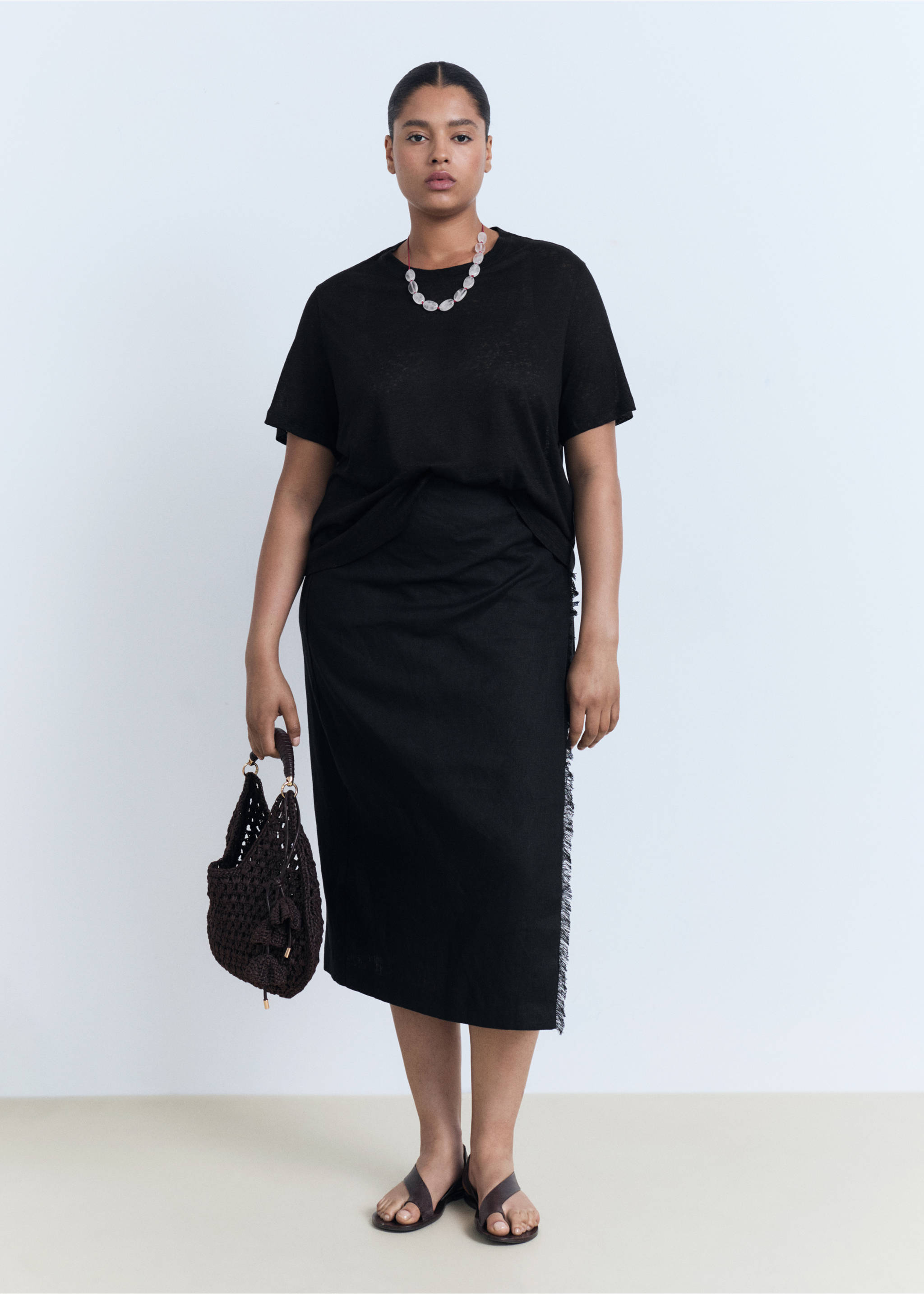 Tricou din in cu mânecă scurtă - Detaliu al articolului 3, Negru. Ref: 17081218-00.