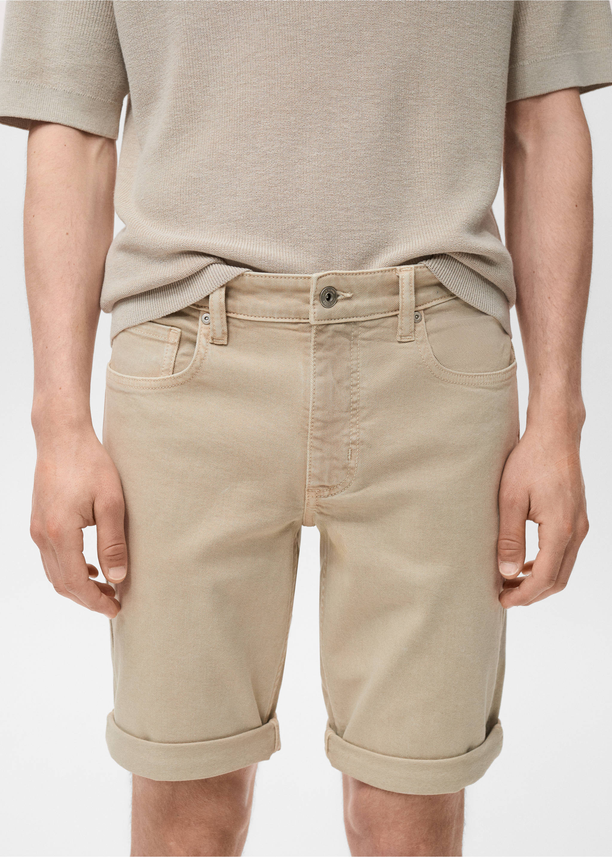 Slim-fit denim bermuda shorts - Details of the article 1, Sand. Ref: 17081220-00.