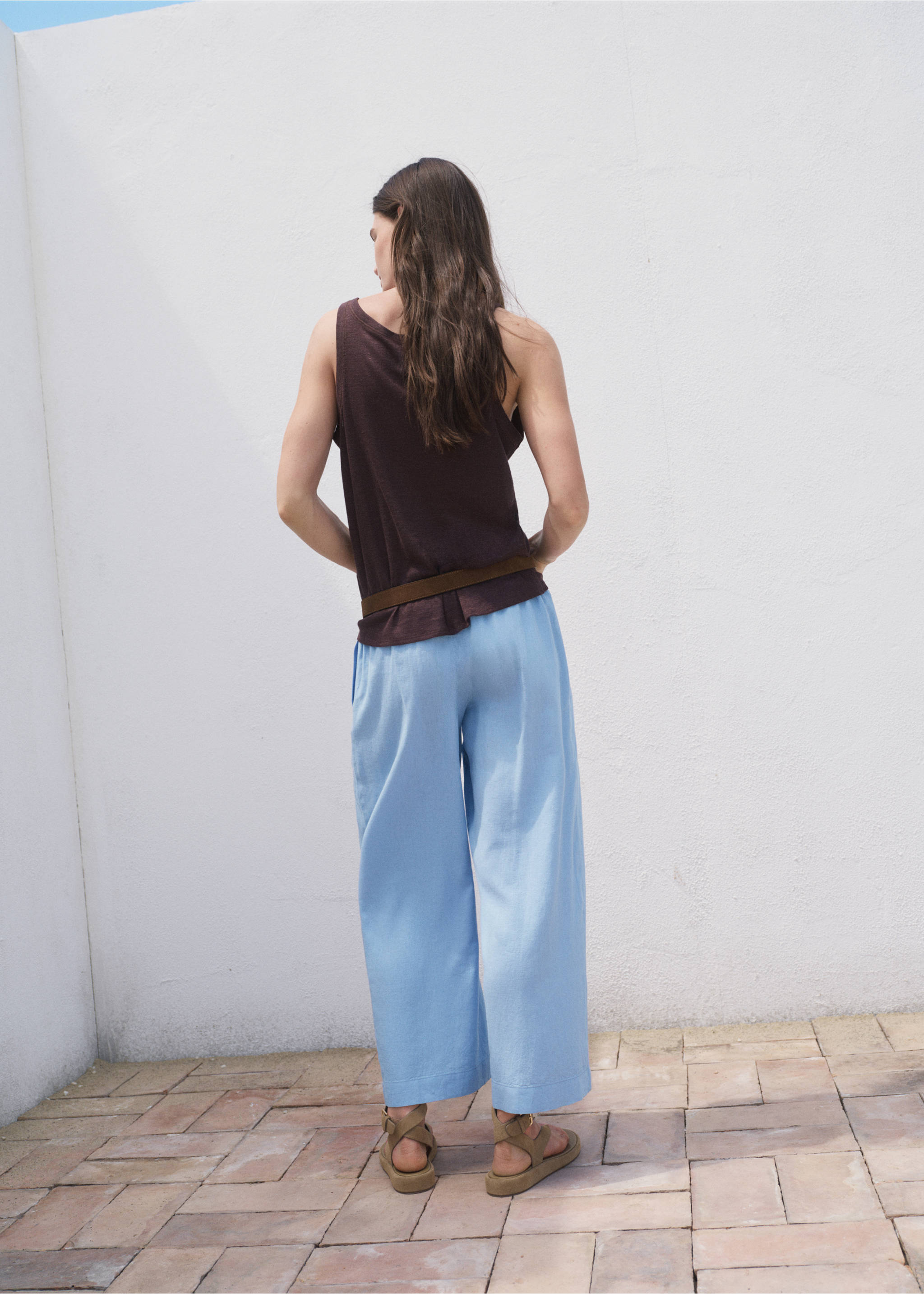Pantalon crop lin - Verso de l’article, Bleu ciel. Ref: 17081253-00.