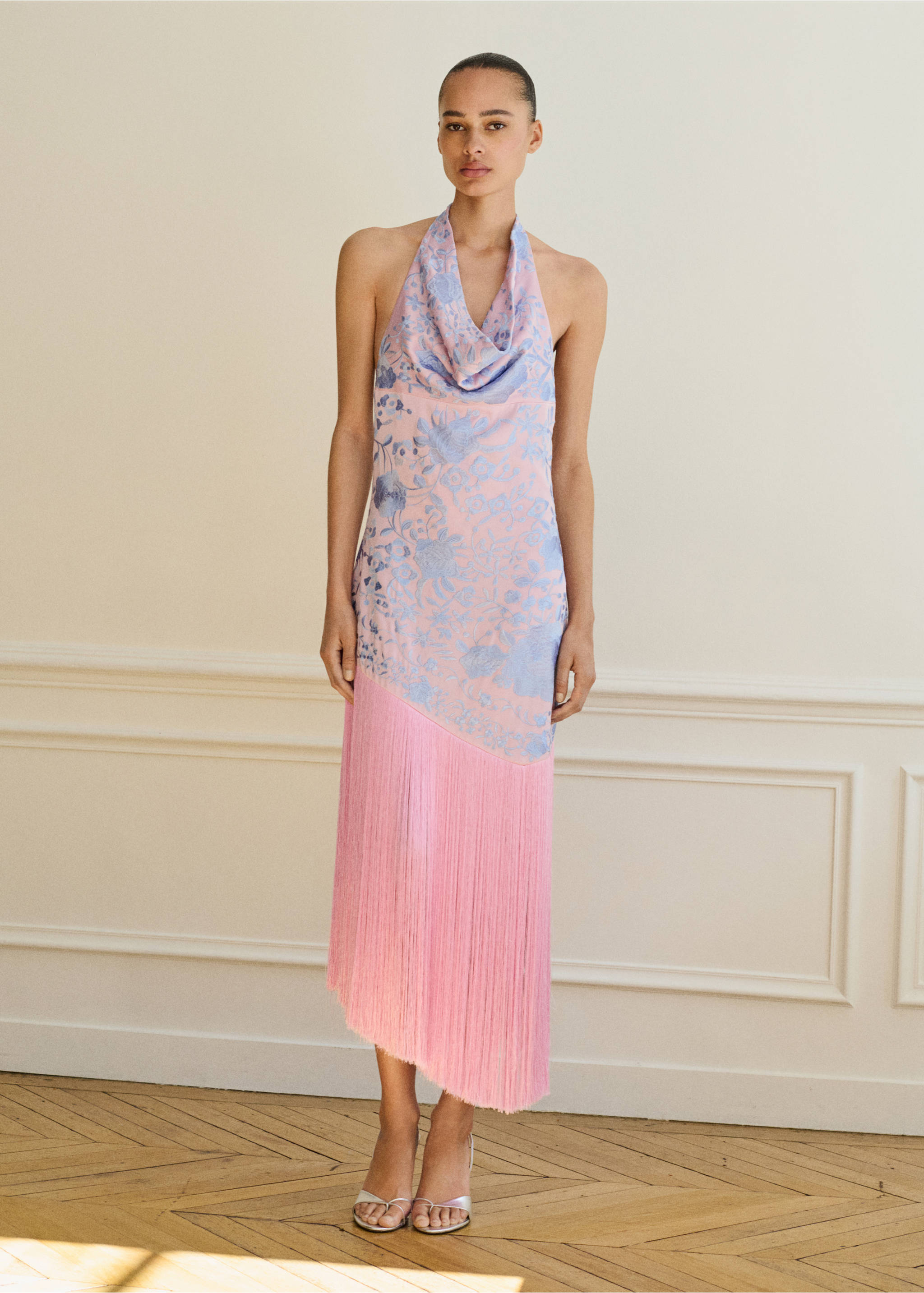Asymmetrical dress with embroidered fringes - General plane, Pastel Pink. Ref: 17081256-00.