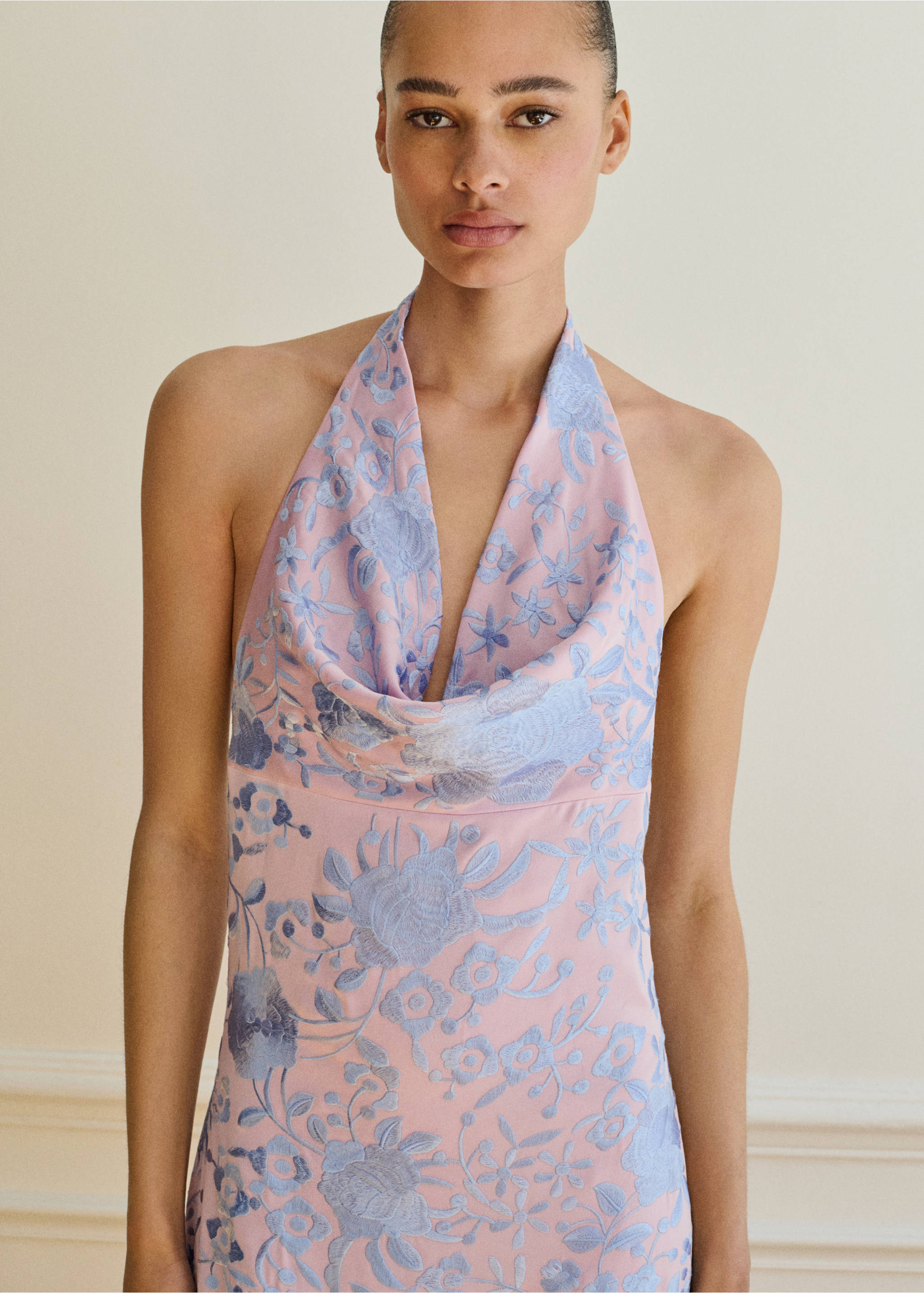 Asymmetrical dress with embroidered fringes - Medium plane, Pastel Pink. Ref: 17081256-00.