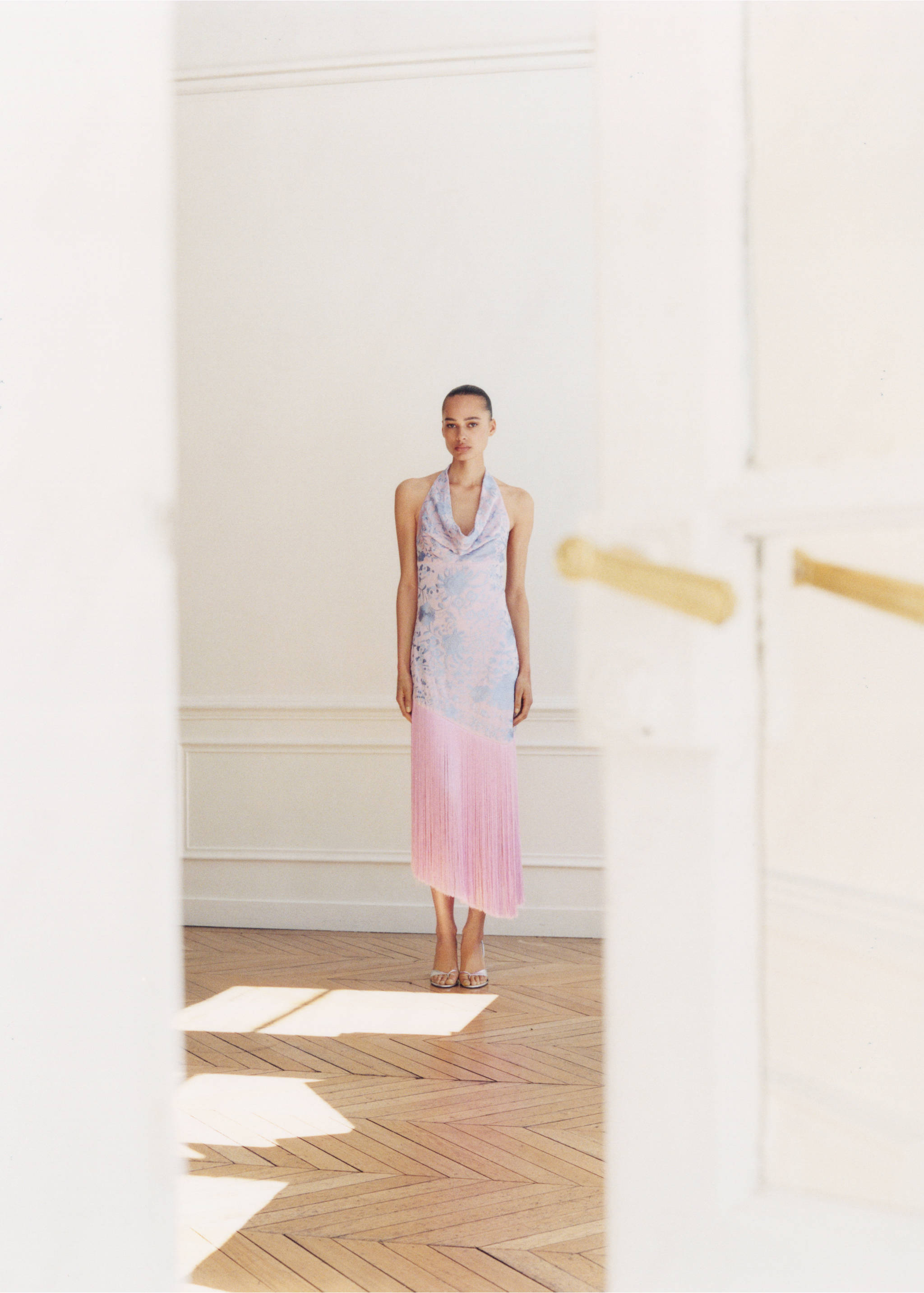 Asymmetrical dress with embroidered fringes - Details of the article 2, Pastel Pink. Ref: 17081256-00.