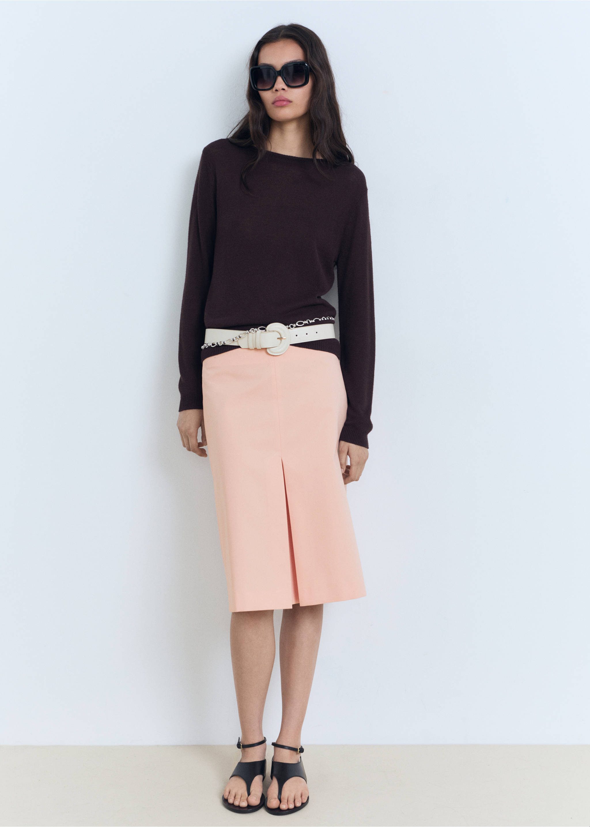 Cotton midi-skirt with pleat detail - General plane, Pastel Pink. Ref: 17081259-00.