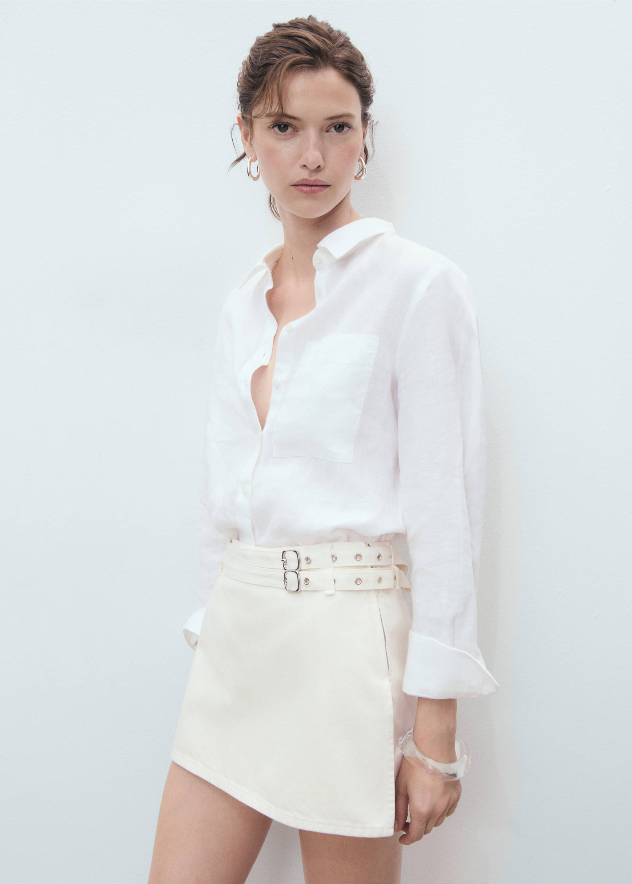 Falda pantalón denim doble cinturón - Plano medio, Blanco. Ref: 17081271-00.