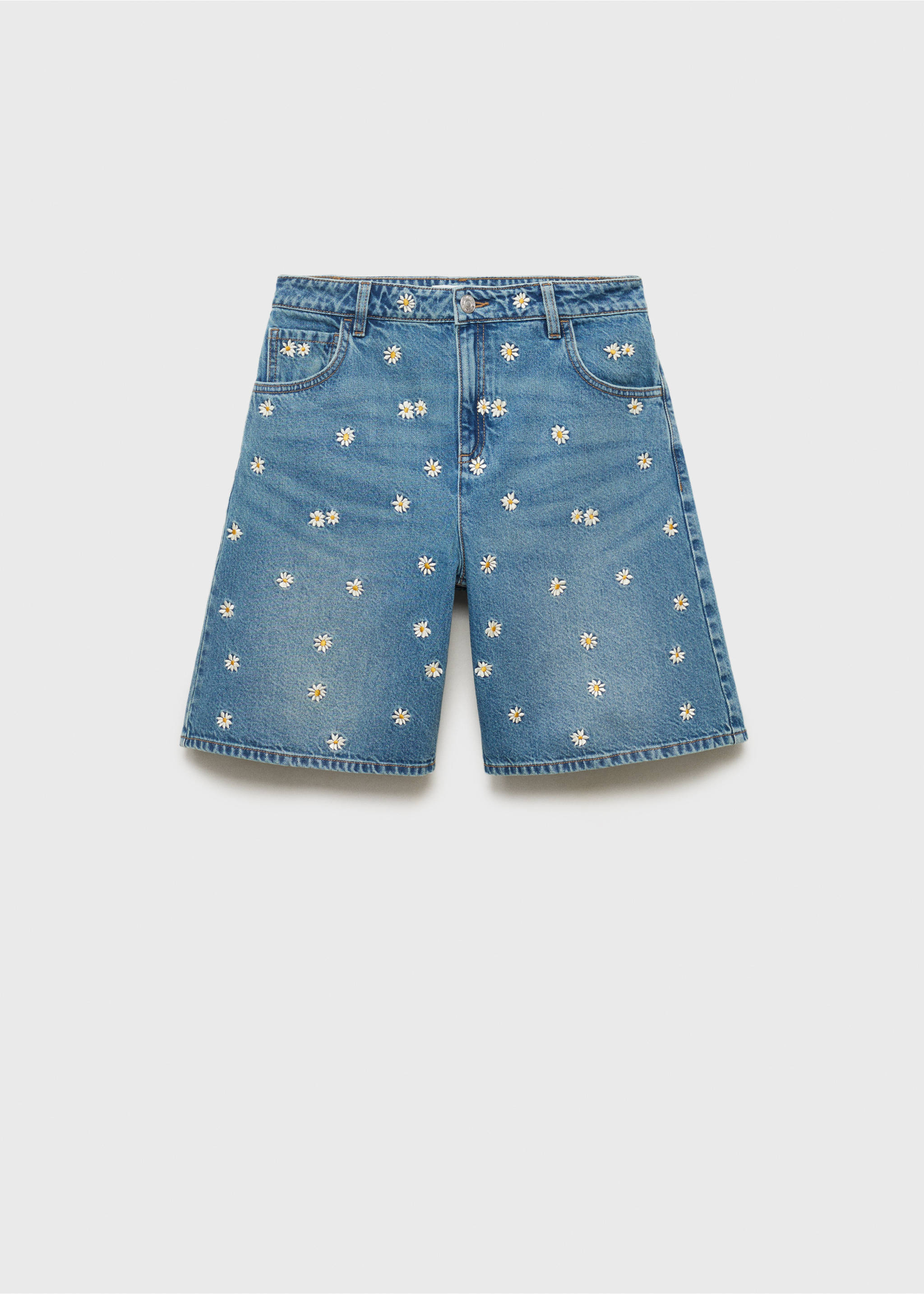 Kurze Jeans-Hose mit floraler Stickerei - Artikel ohne Model, Mittelblau. Ref: 17081288-00.