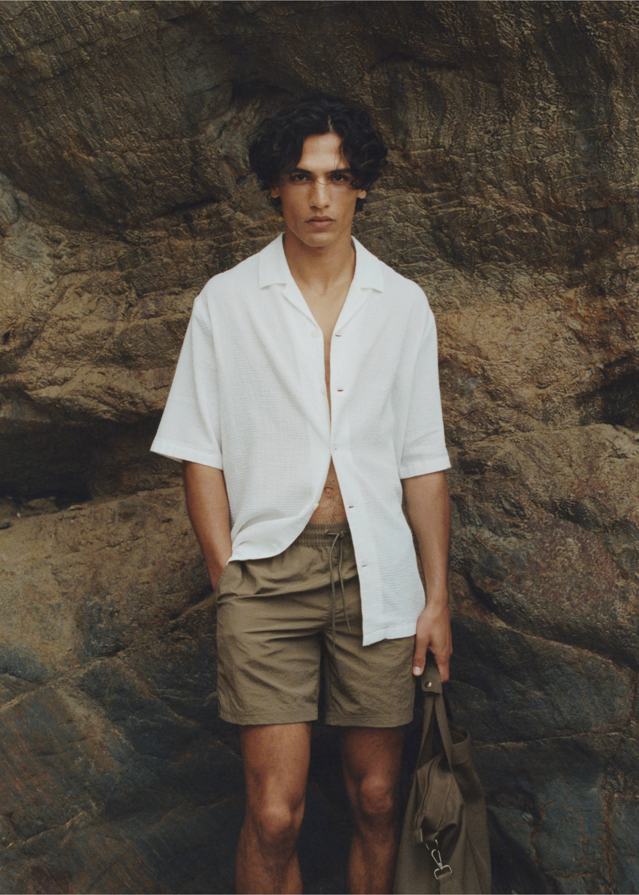 Basic drawstring swimsuit - Details of the article 5, Khaki. Ref: 17081289-00.