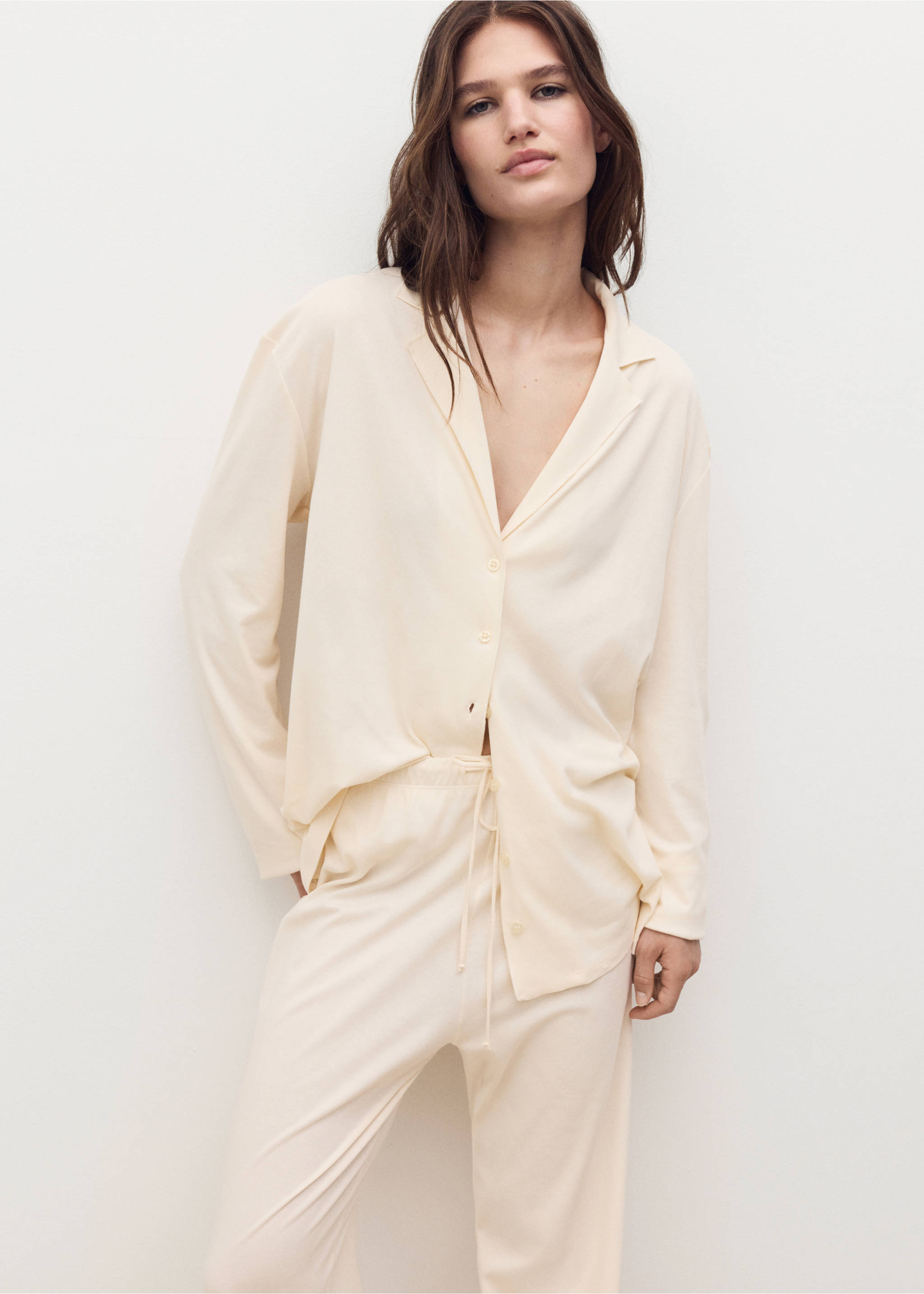 Plain cotton pyjama trousers - Details of the article 1, Vanilla. Ref: 17081542-00.