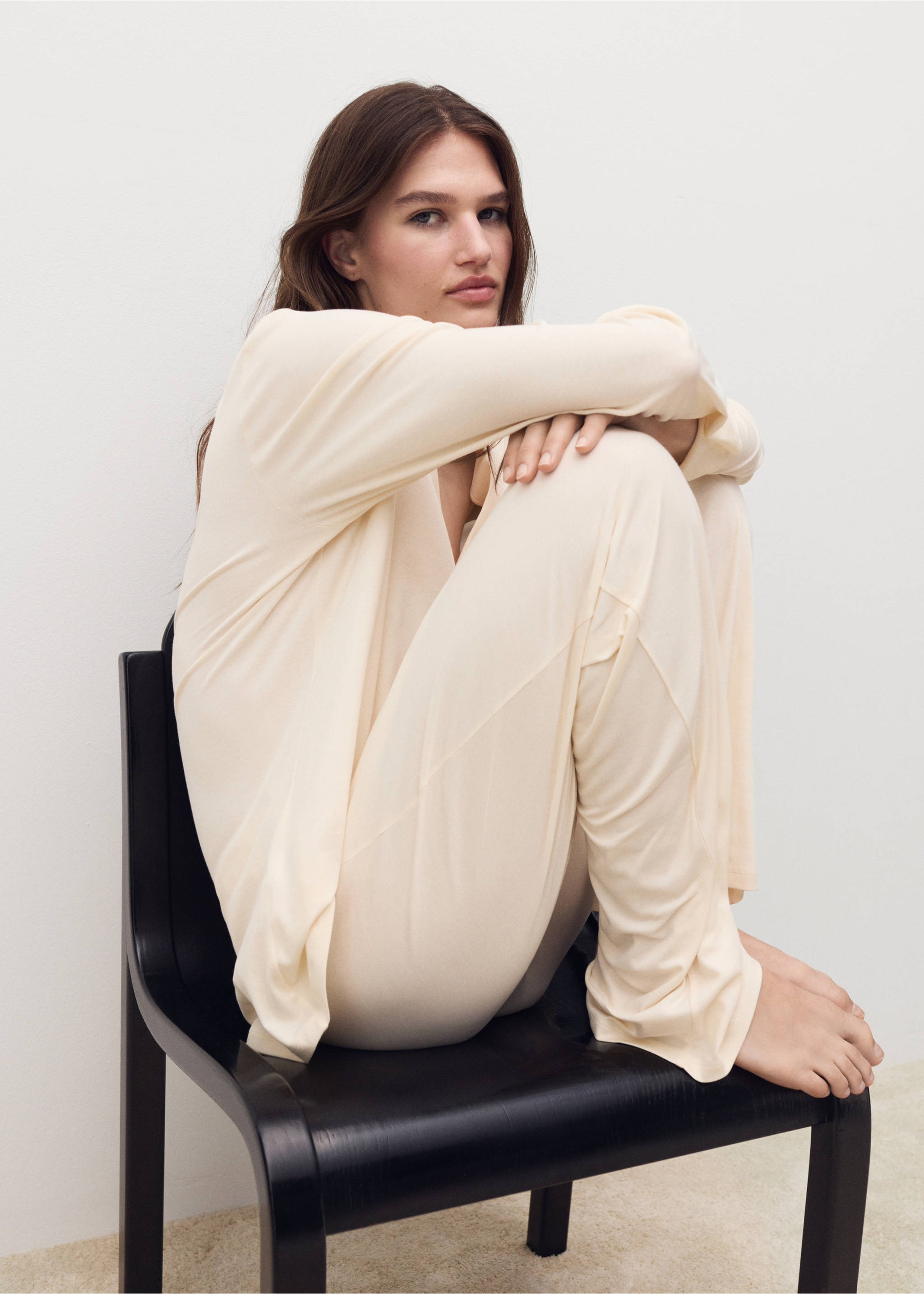 Plain cotton pyjama trousers - Details of the article 2, Vanilla. Ref: 17081542-00.