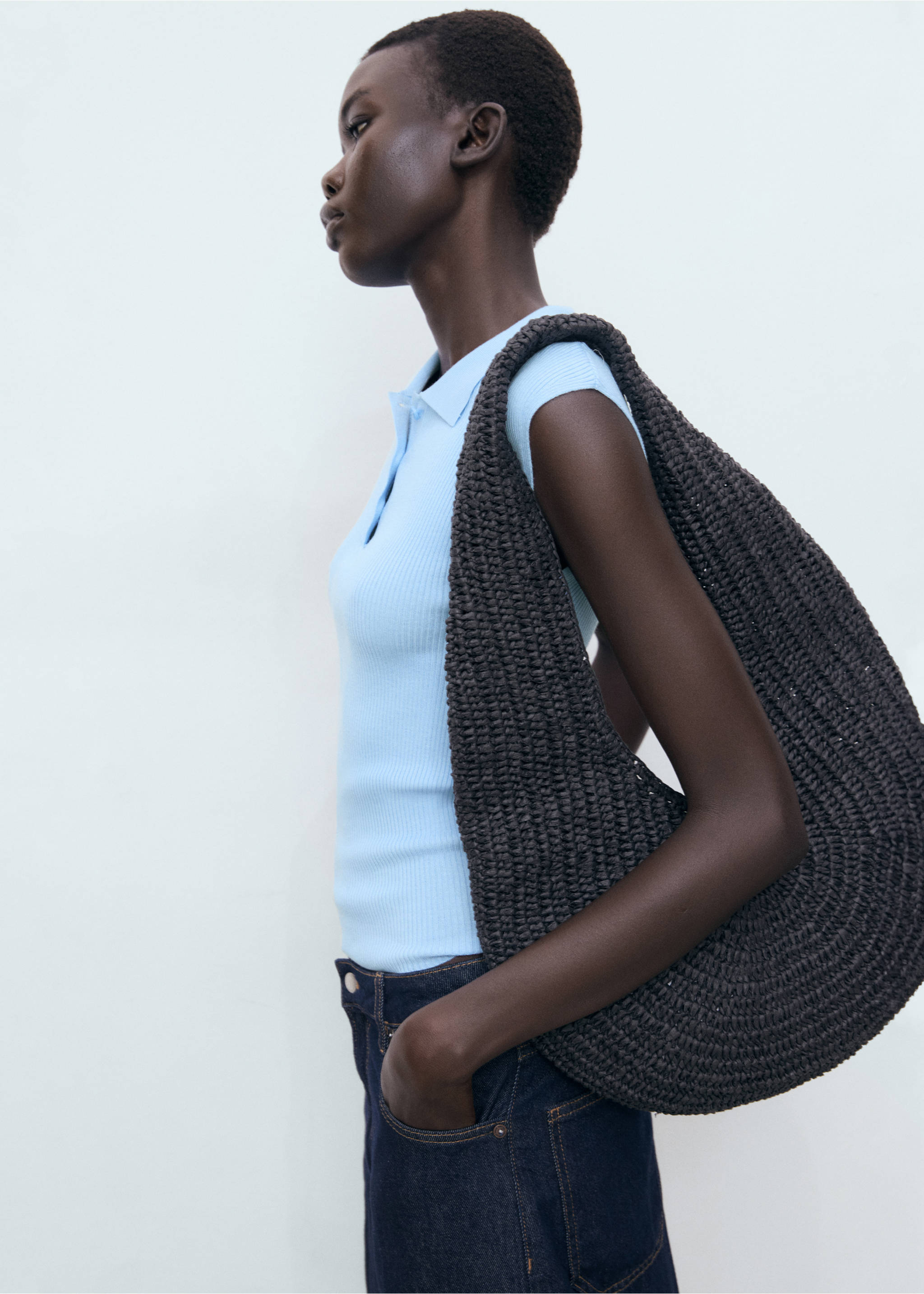 Polo-neck knitted top - Details of the article 2, Sky Blue. Ref: 17082898-00.