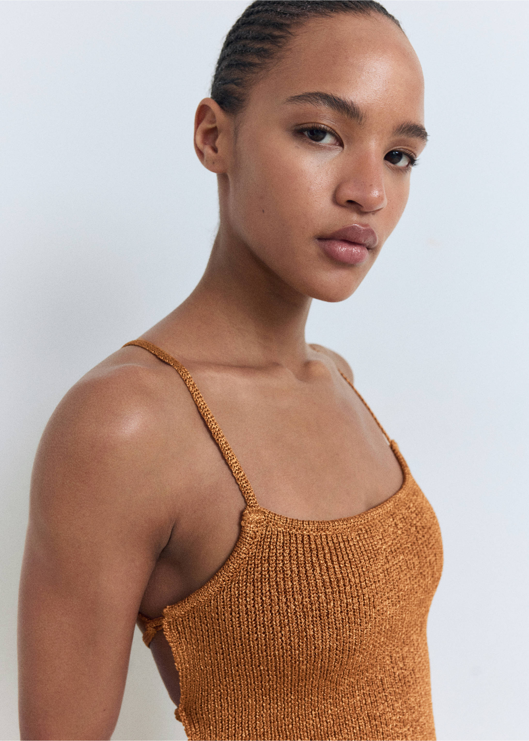 Lurex dress with crossed back - Details of the article 1, Copper. Ref: 17082902-00.
