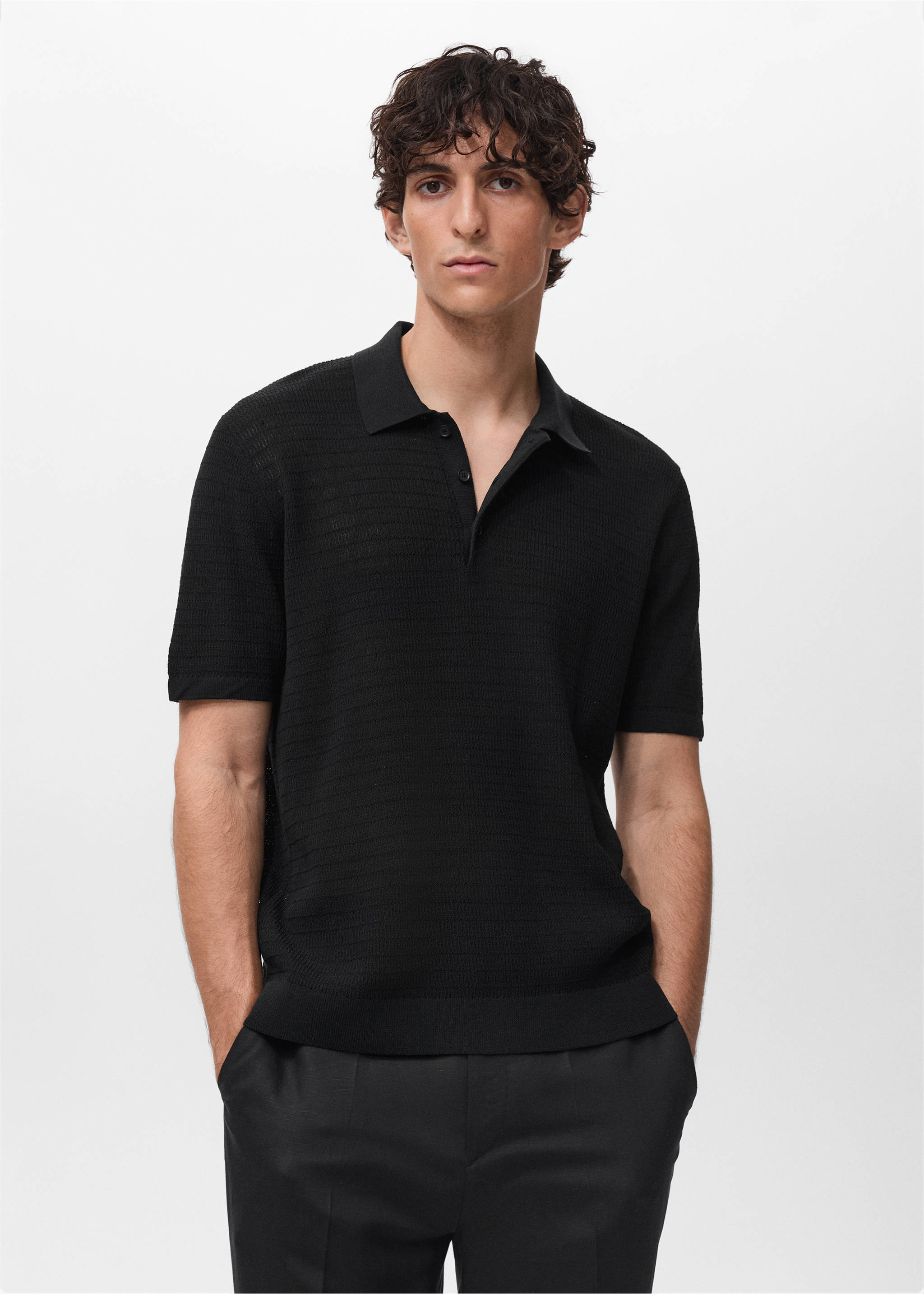 Fine-knit cotton polo shirt - Medium plane, Black. Ref: 17082904-00.