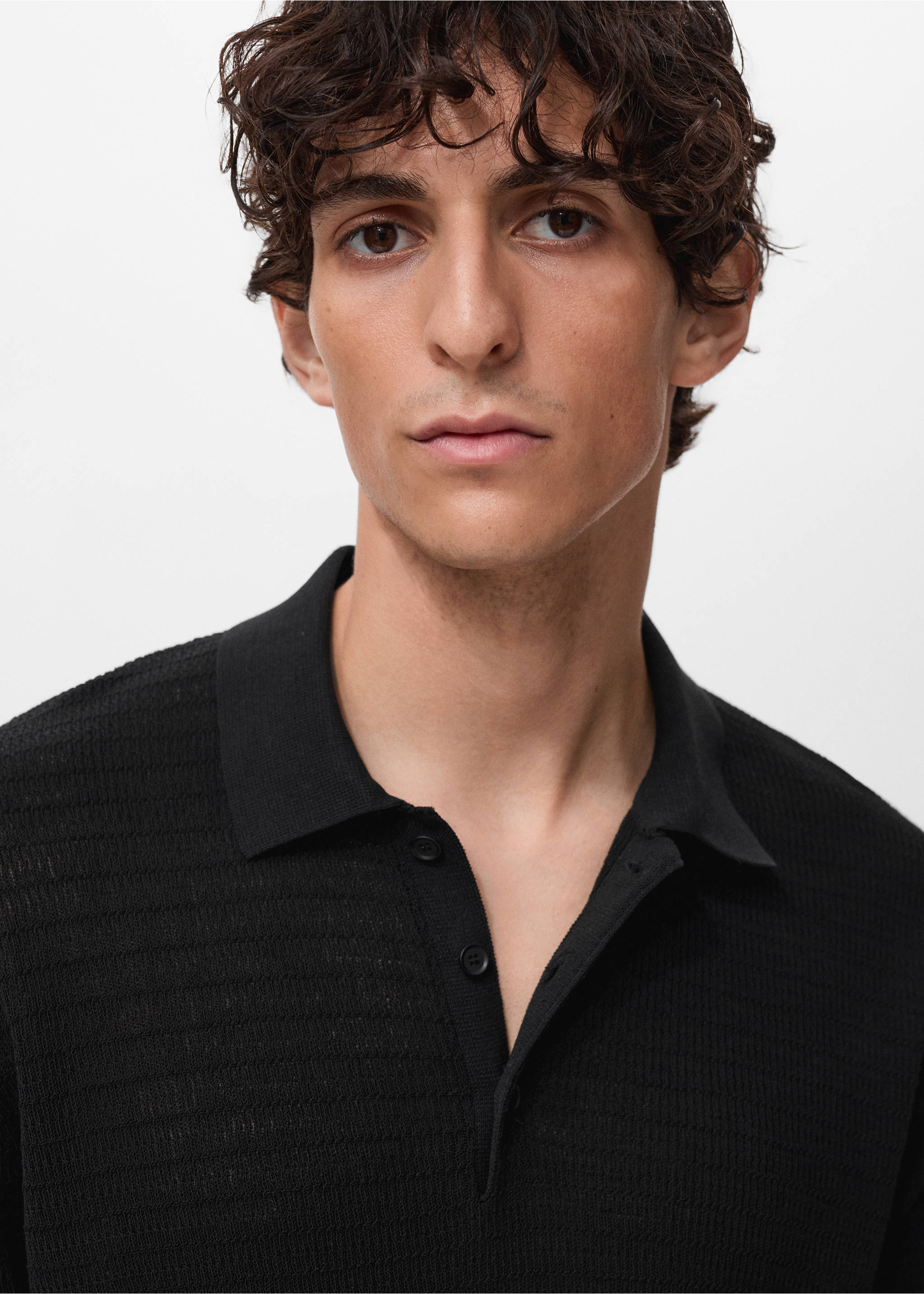 Fine-knit cotton polo shirt - Details of the article 1, Black. Ref: 17082904-00.