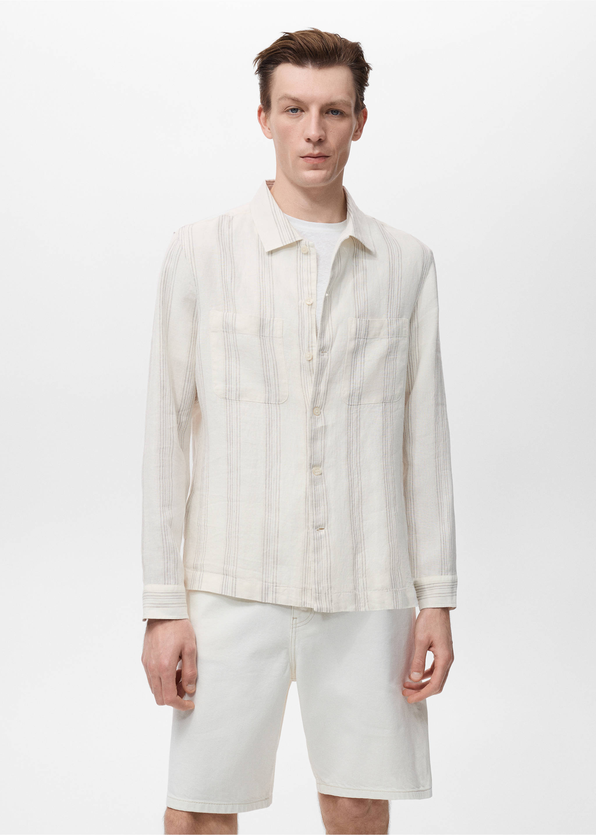 Striped linen overshirt - Medium plane, Off White. Ref: 17082912-00.