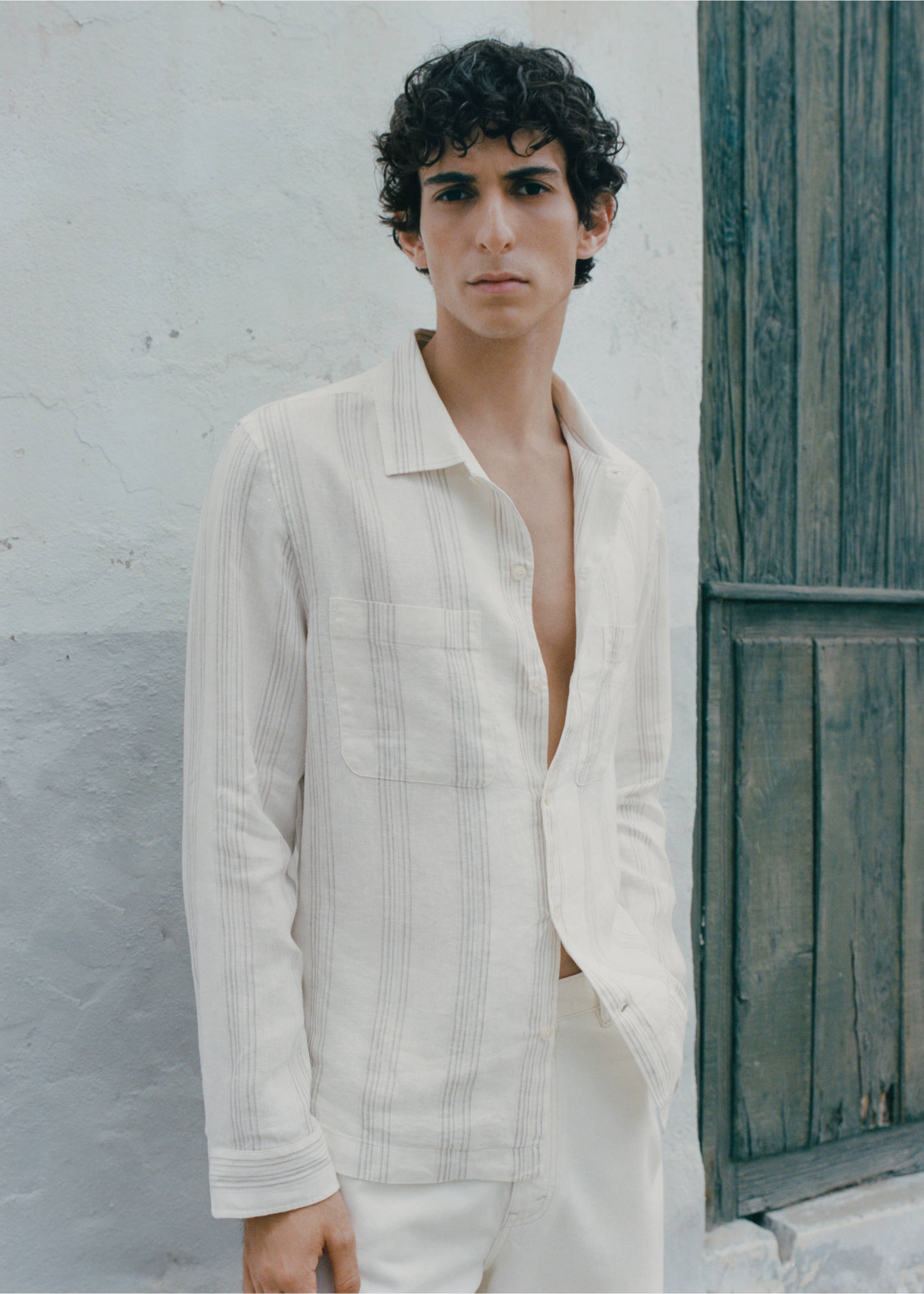 Striped linen overshirt - Details of the article 3, Off White. Ref: 17082912-00.
