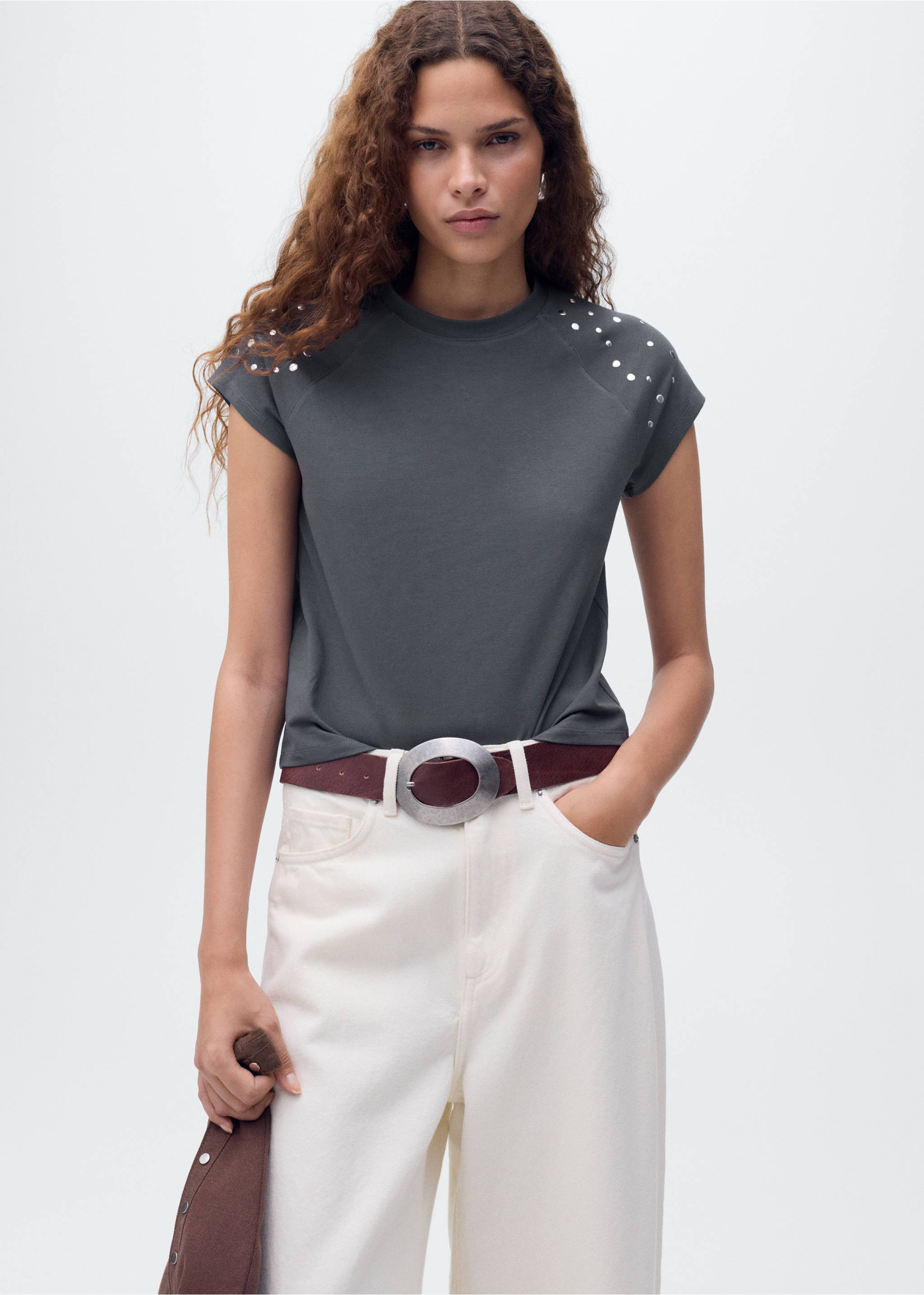 Cotton t-shirt with studs - Medium plane, Charcoal. Ref: 17082929-00.