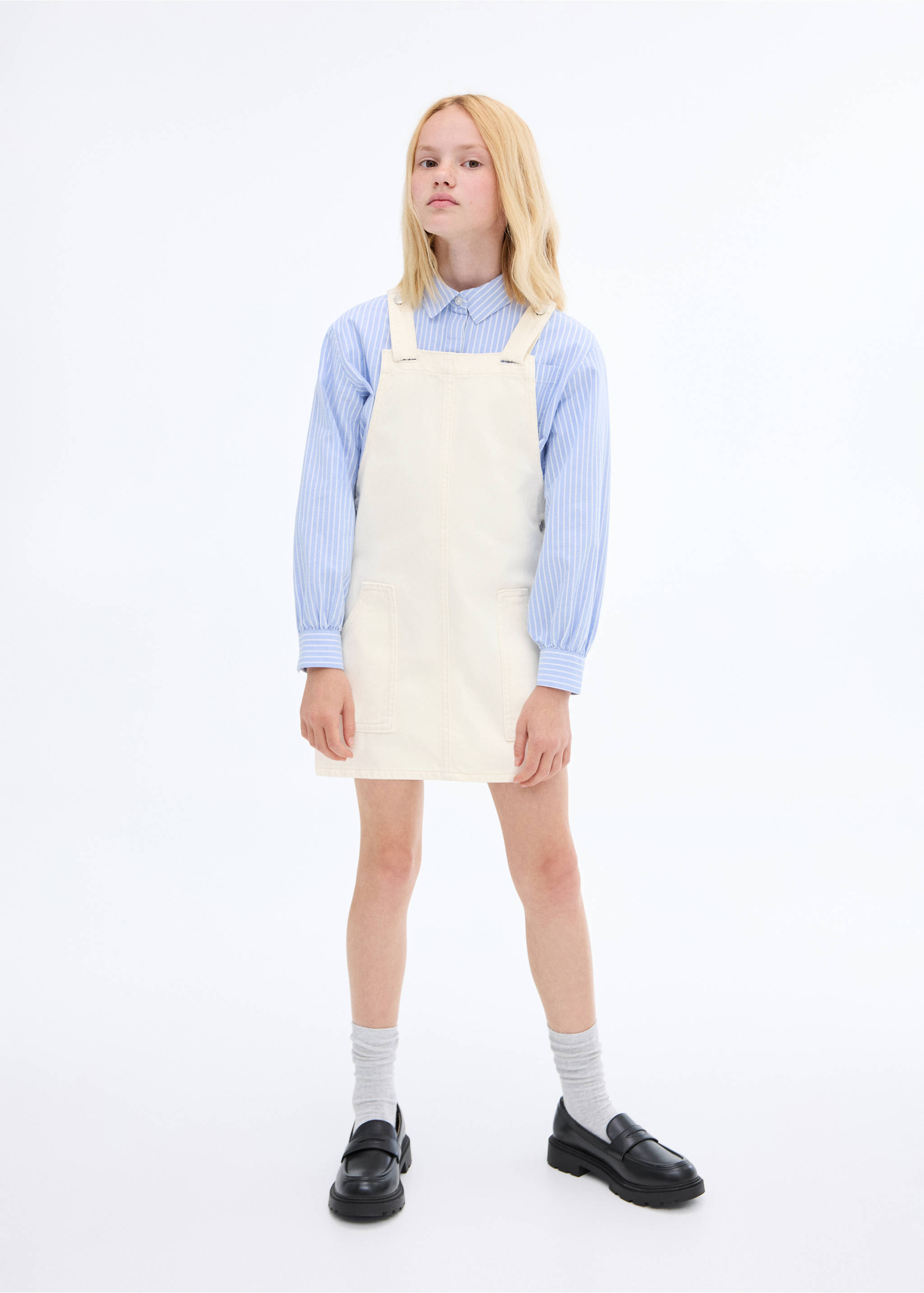 Kurzer Jeans-Latzrock - Allgemeine Ansicht, Ecru. Ref: 17083273-00.