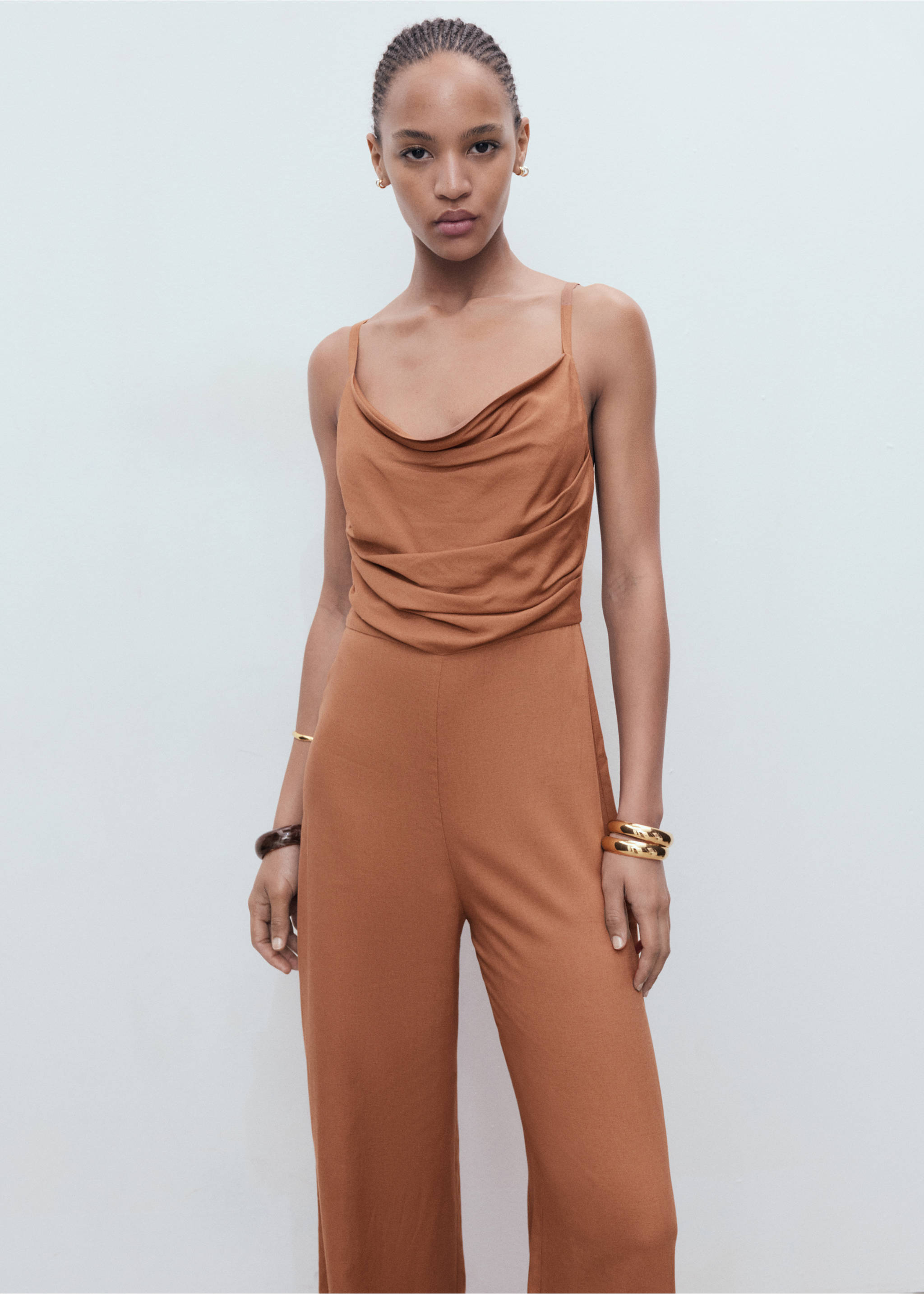 Long jumpsuit with draped neckline - Medium plane, Brown. Ref: 17083279-00.