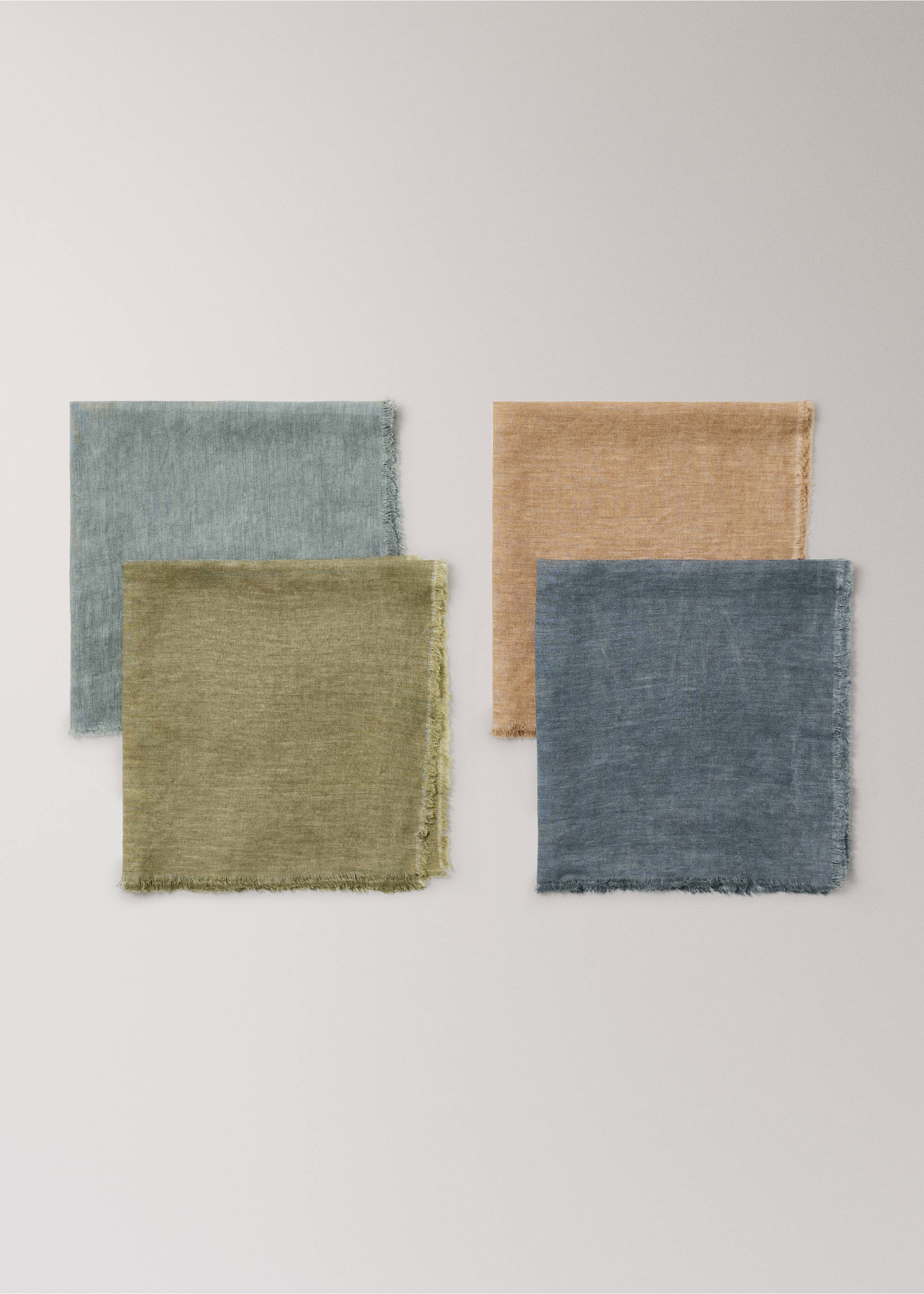 Set of four multi-coloured square cloth napkins with frayed edges., Ink Blue. Ref: 17083321-00.