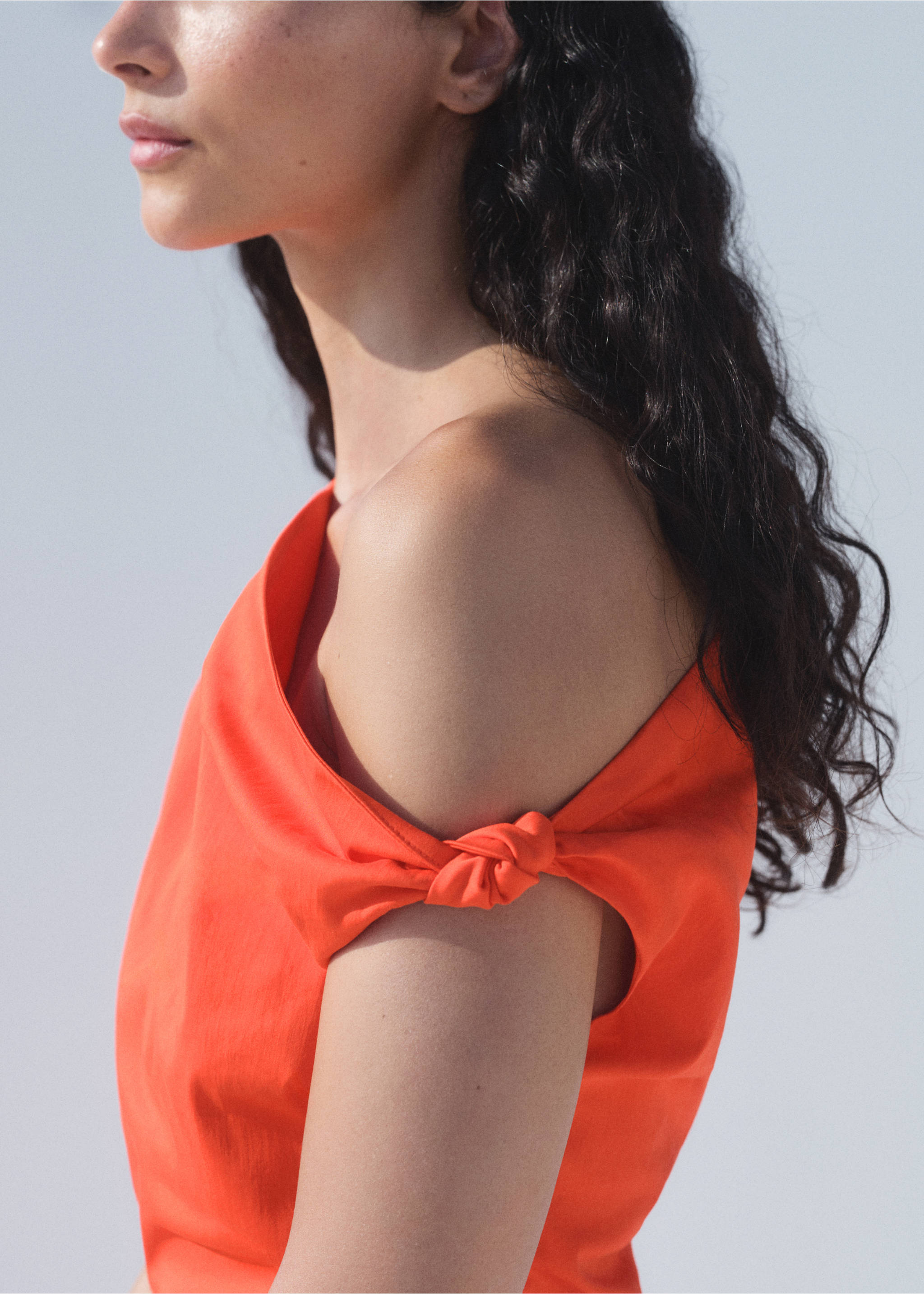 Ruched dress with asymmetrical neckline - Details of the article 1, Coral Red. Ref: 17083329-00.