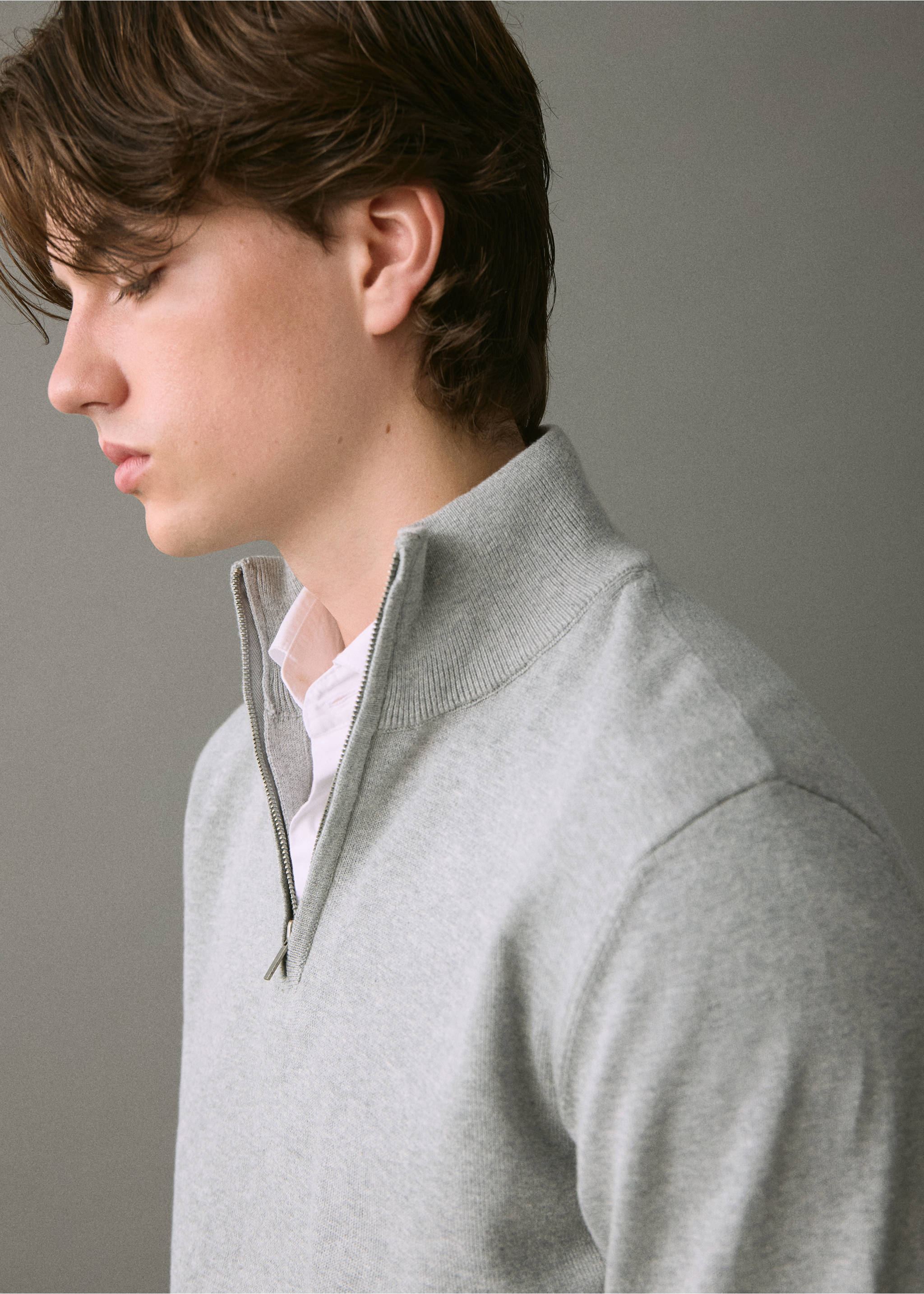 Cotton sweater with perkins neck - Details of the article 1, Medium Heather Grey. Ref: 17083334-00.