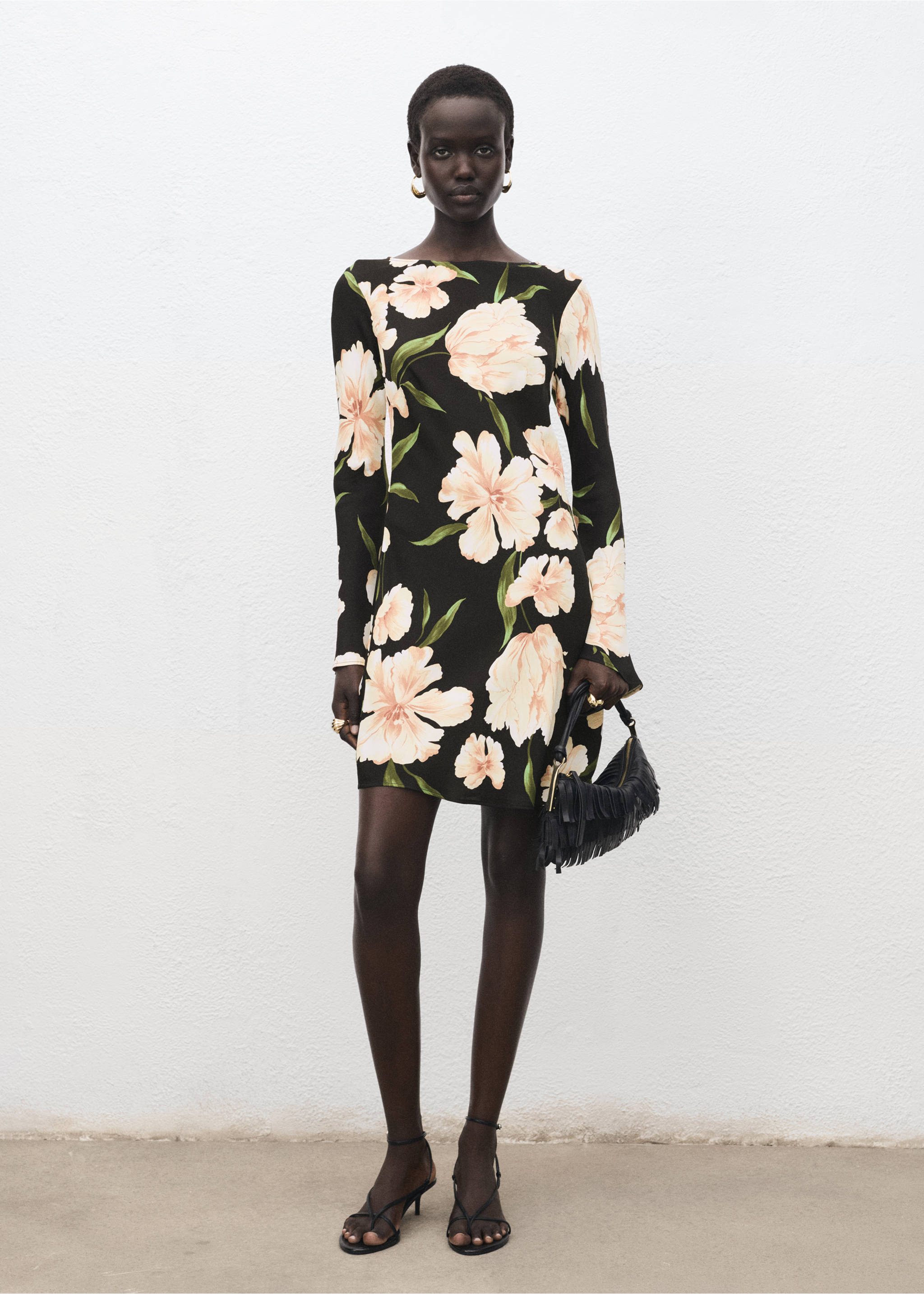 Floral-print dress with bell sleeves - General plane, Black. Ref: 17084080-00.