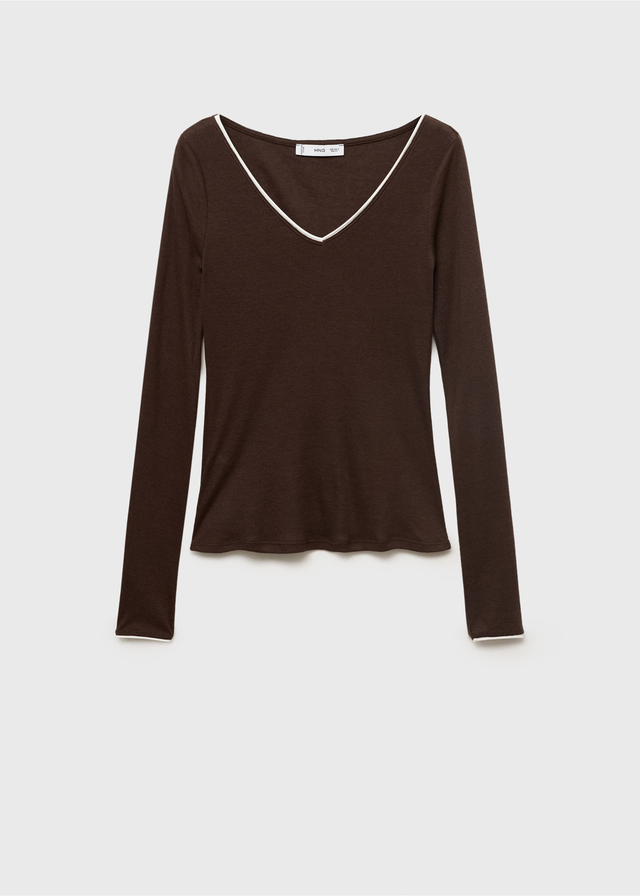 V-neck combined-fabric t-shirt - Article without model, Brown. Ref: 17084094-00.