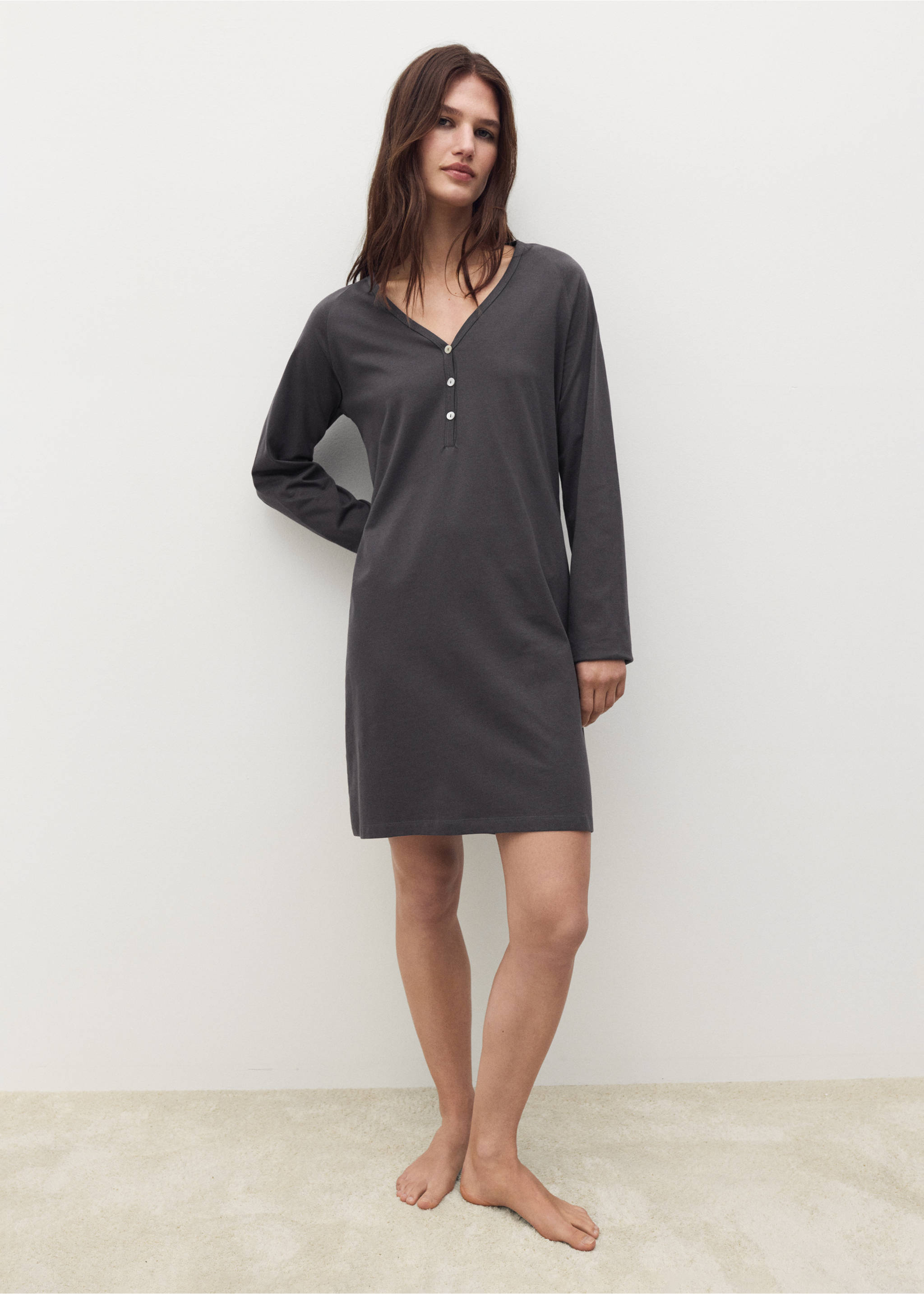 Cotton nightdress with button detail - General plane, Charcoal. Ref: 17084103-00.
