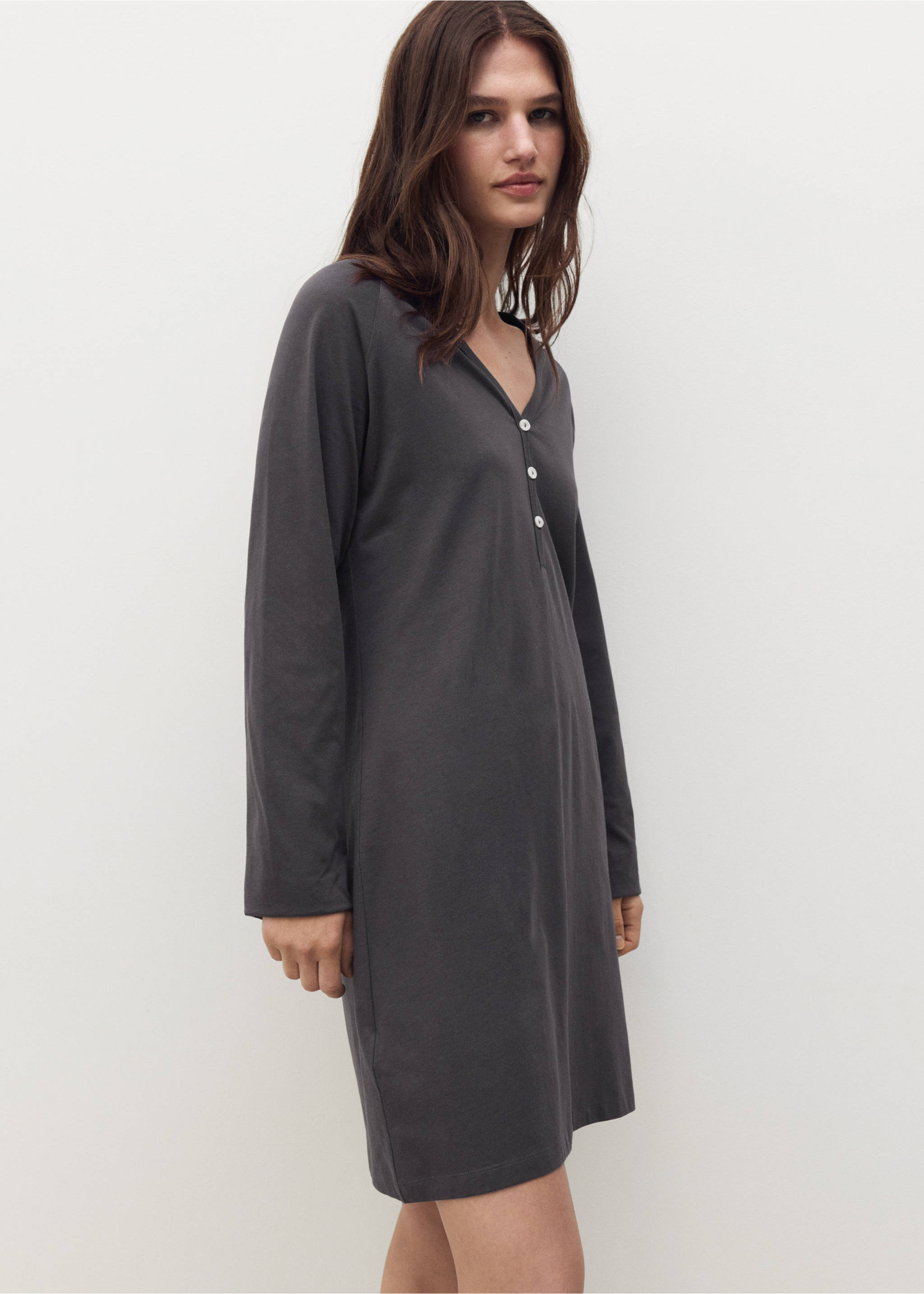 Cotton nightdress with button detail - Medium plane, Charcoal. Ref: 17084103-00.