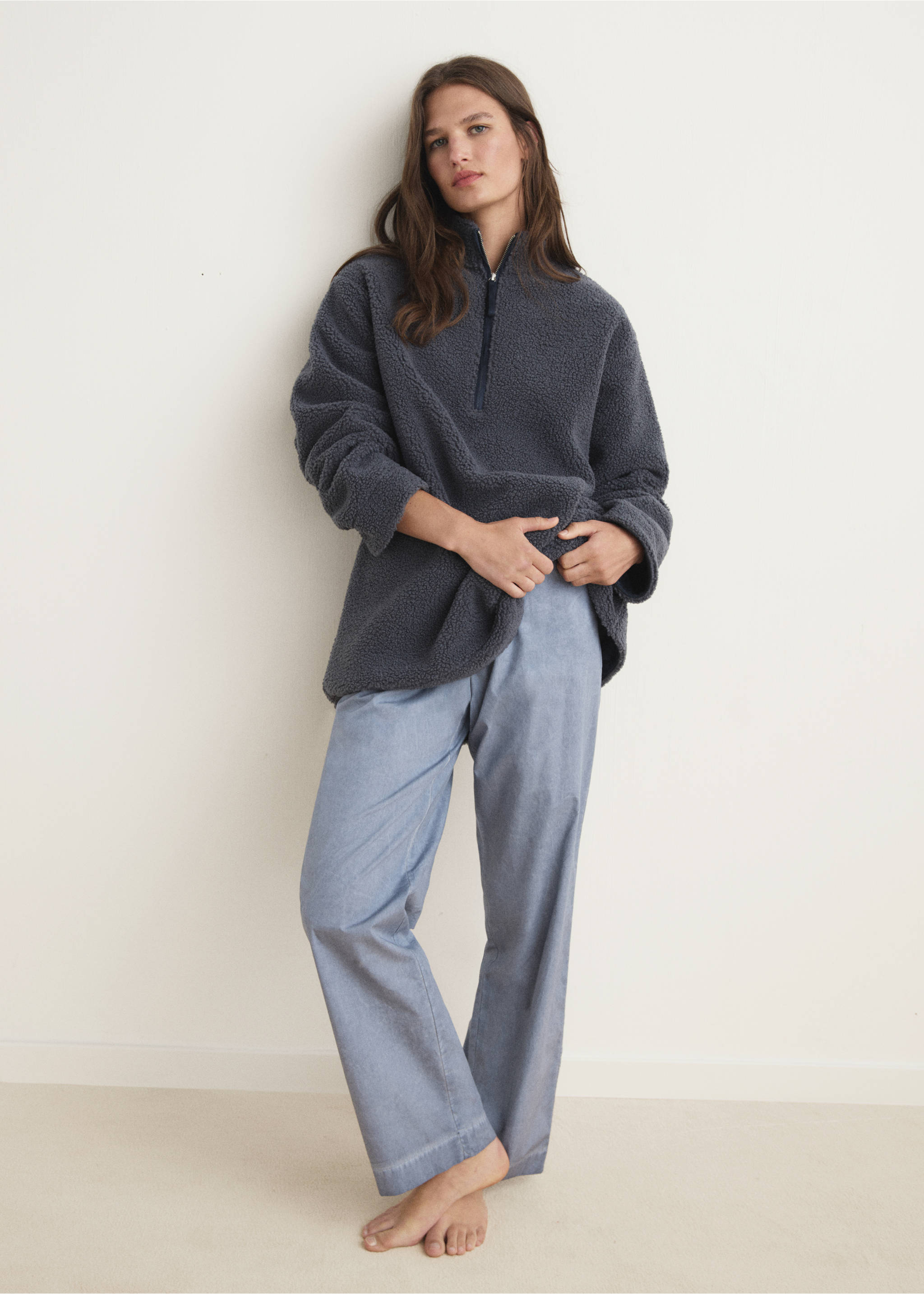 Sweatshirt de velocino com fecho de correr - Plano geral, Azul-tinta. Ref: 17084104-00.