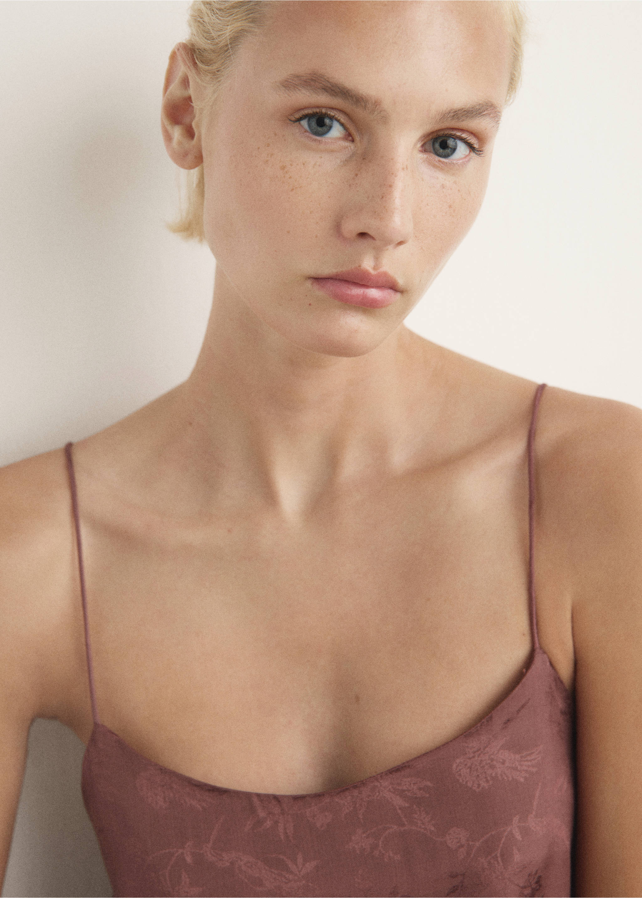 Jacquard satin nightdress - Details of the article 1, Brown. Ref: 17084107-00.