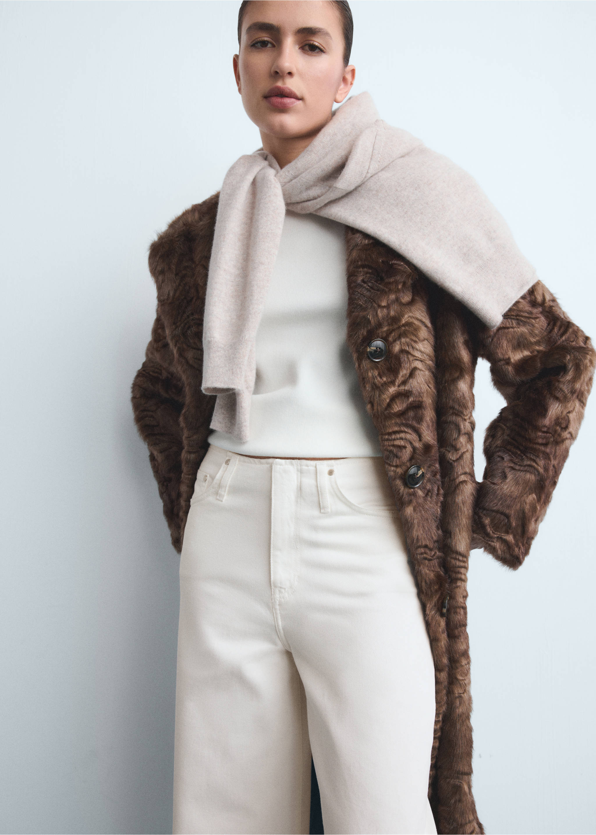 Calças de ganga wide leg de cintura baixa - Pormenor do artigo 1, Branco-pérola. Ref: 17084138-00.