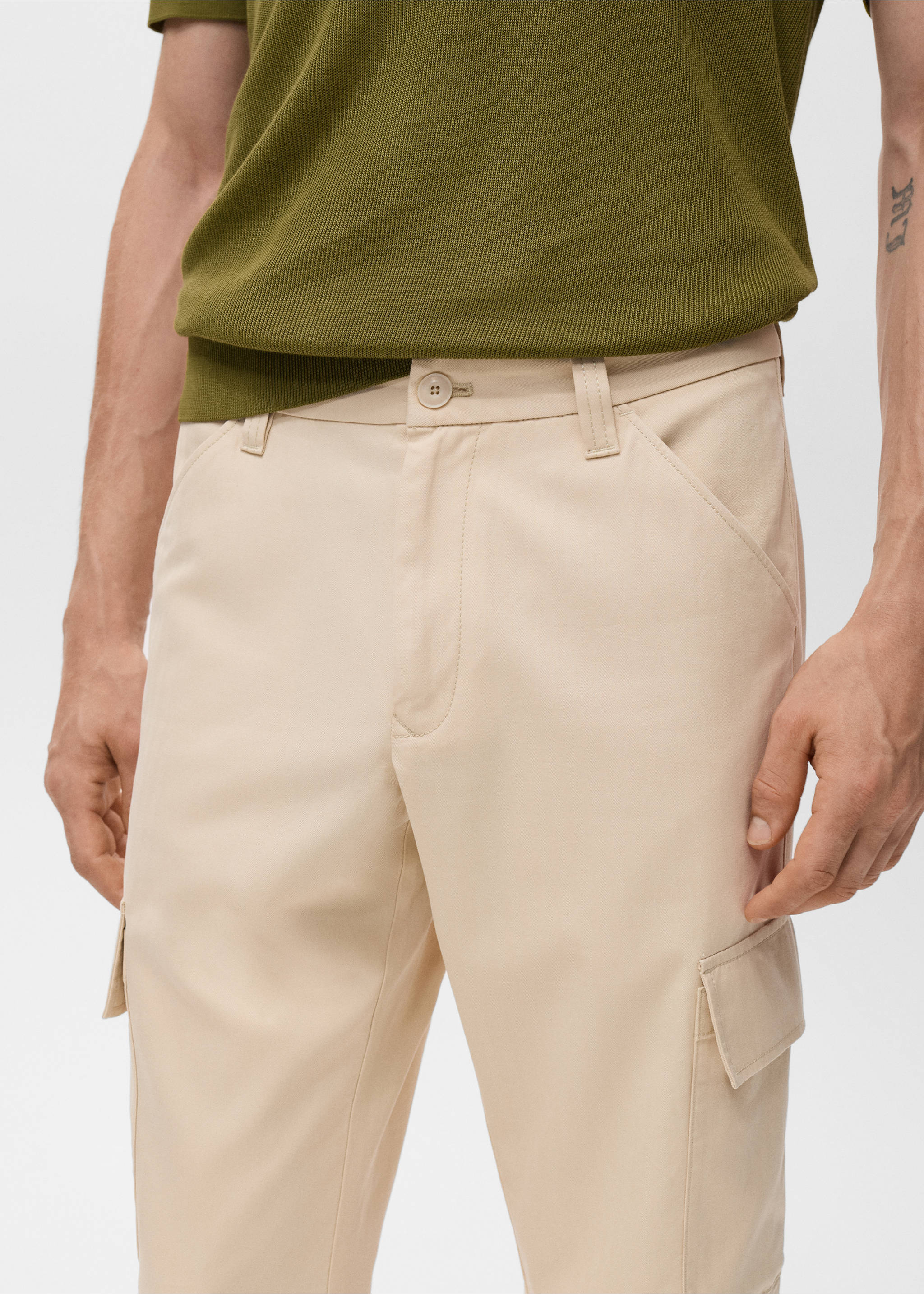 Cotton lyocell cargo pants - Details of the article 1, Beige. Ref: 17084404-00.