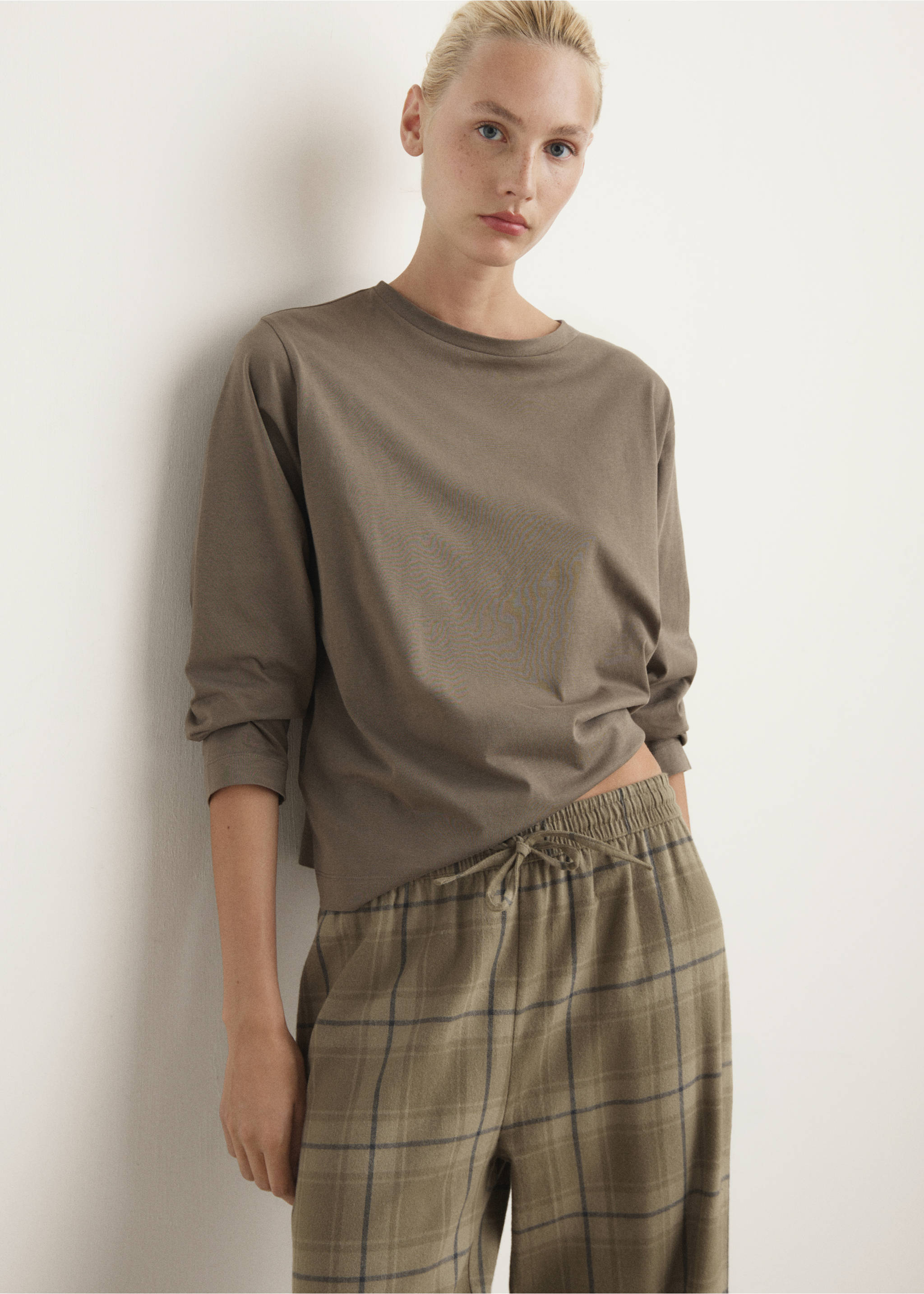 Two-piece flannel check pyjamas - Medium plane, Olive Green. Ref: 17084406-00.