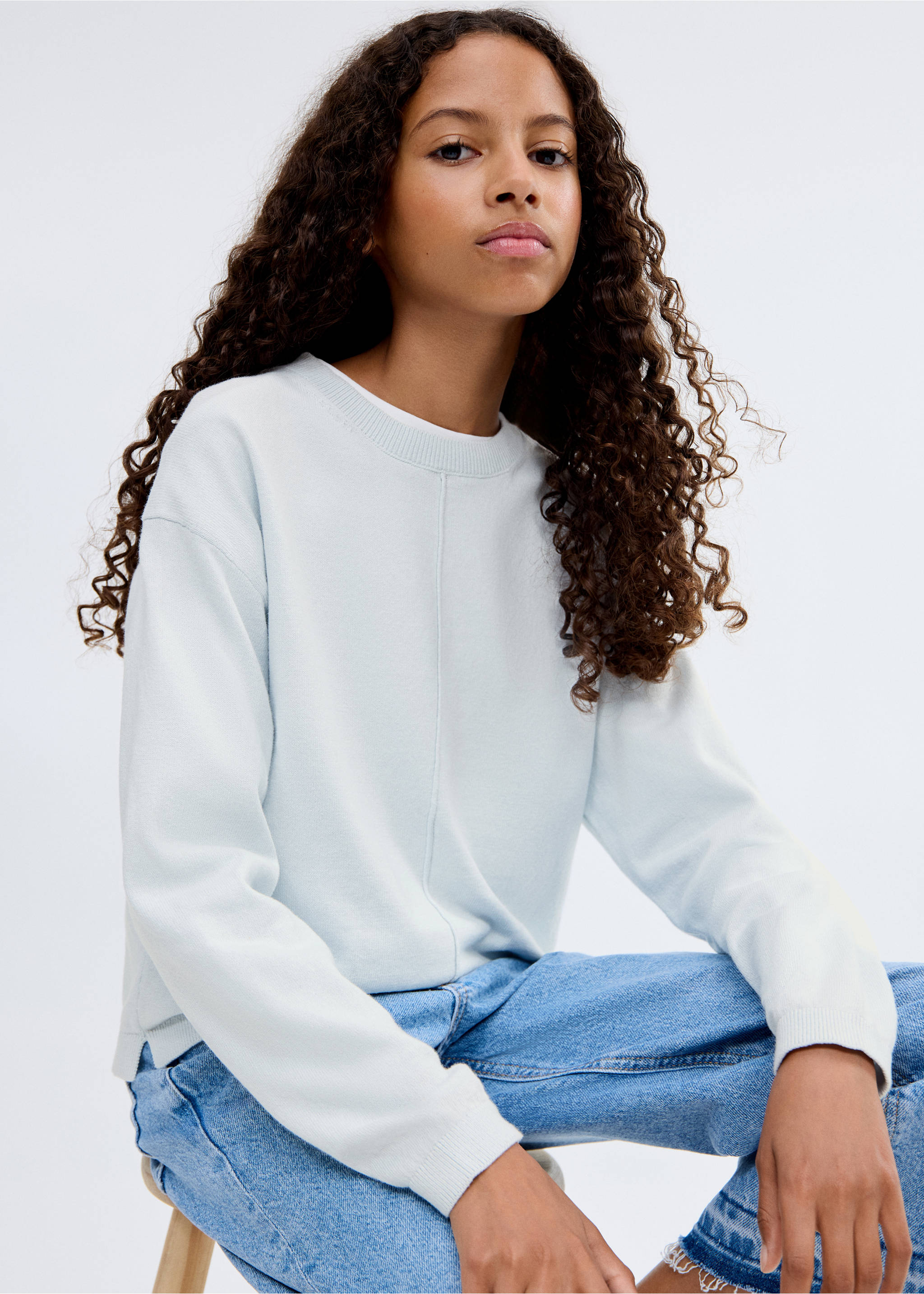 Decorative seams cotton sweater - Medium plane, Sky Blue. Ref: 17084431-00.