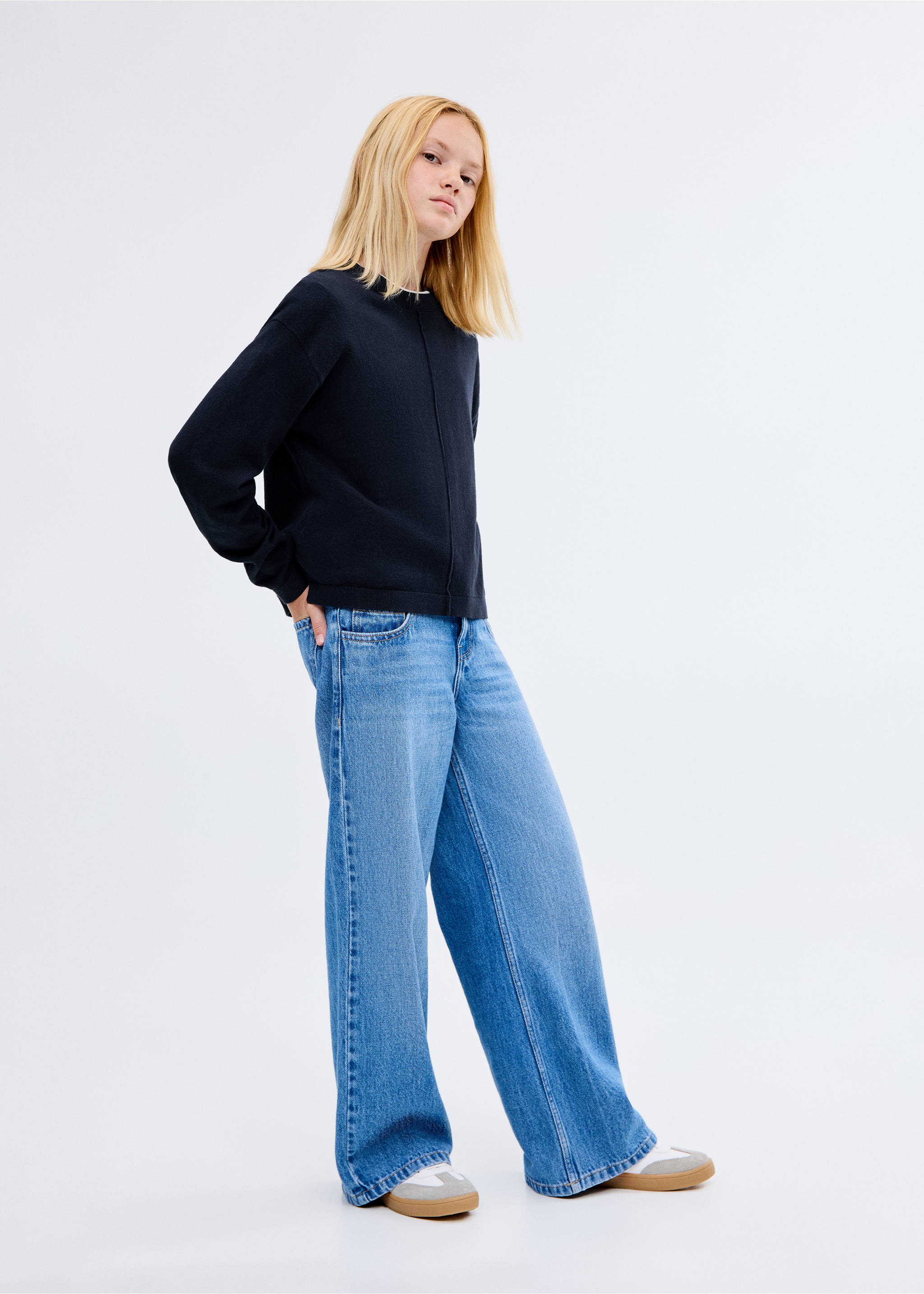 Pull-over en coton coutures décoratives - Plan général, Bleu marine. Ref: 17084431-00.