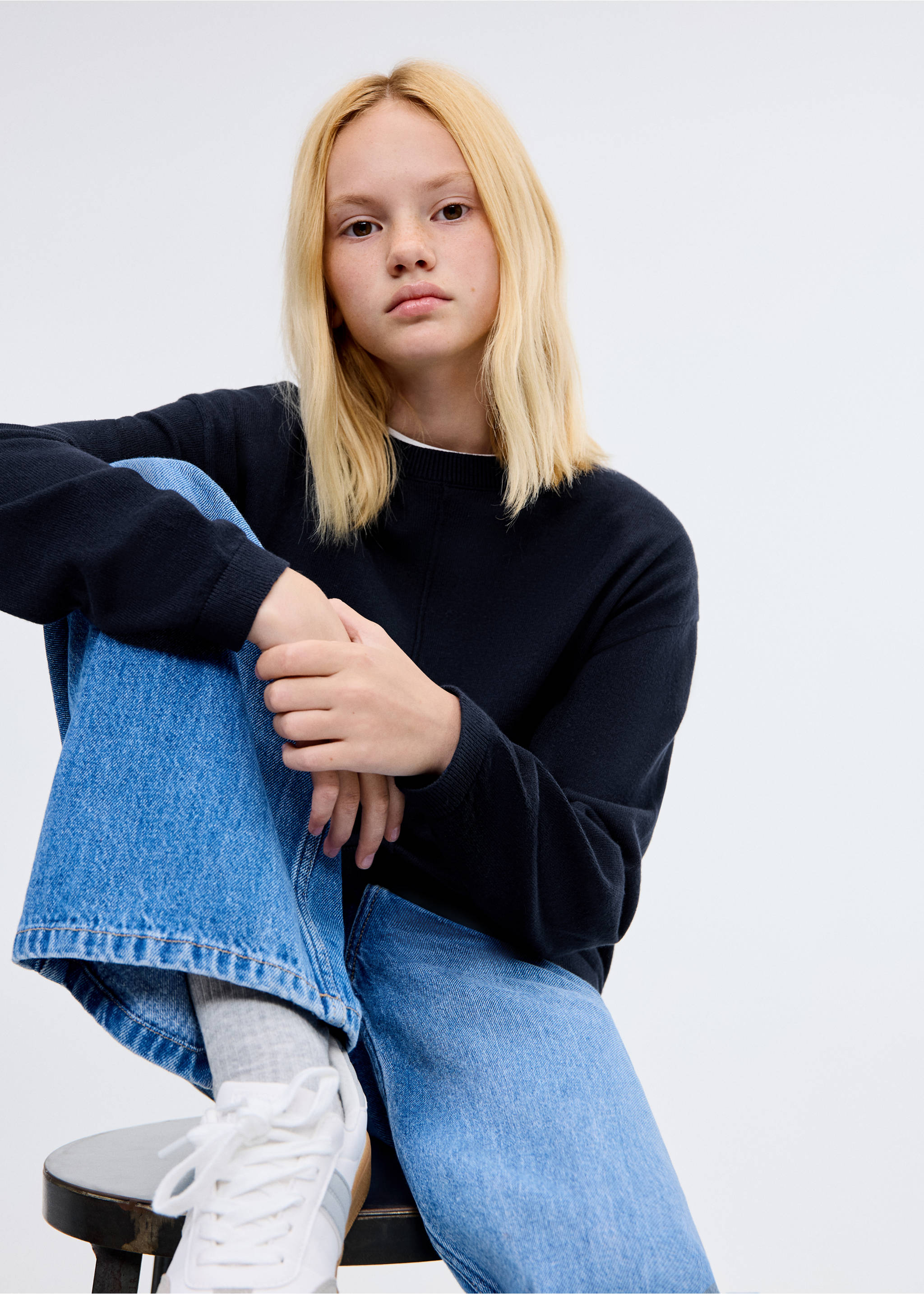 Pull-over en coton coutures décoratives - Plan moyen, Bleu marine. Ref: 17084431-00.