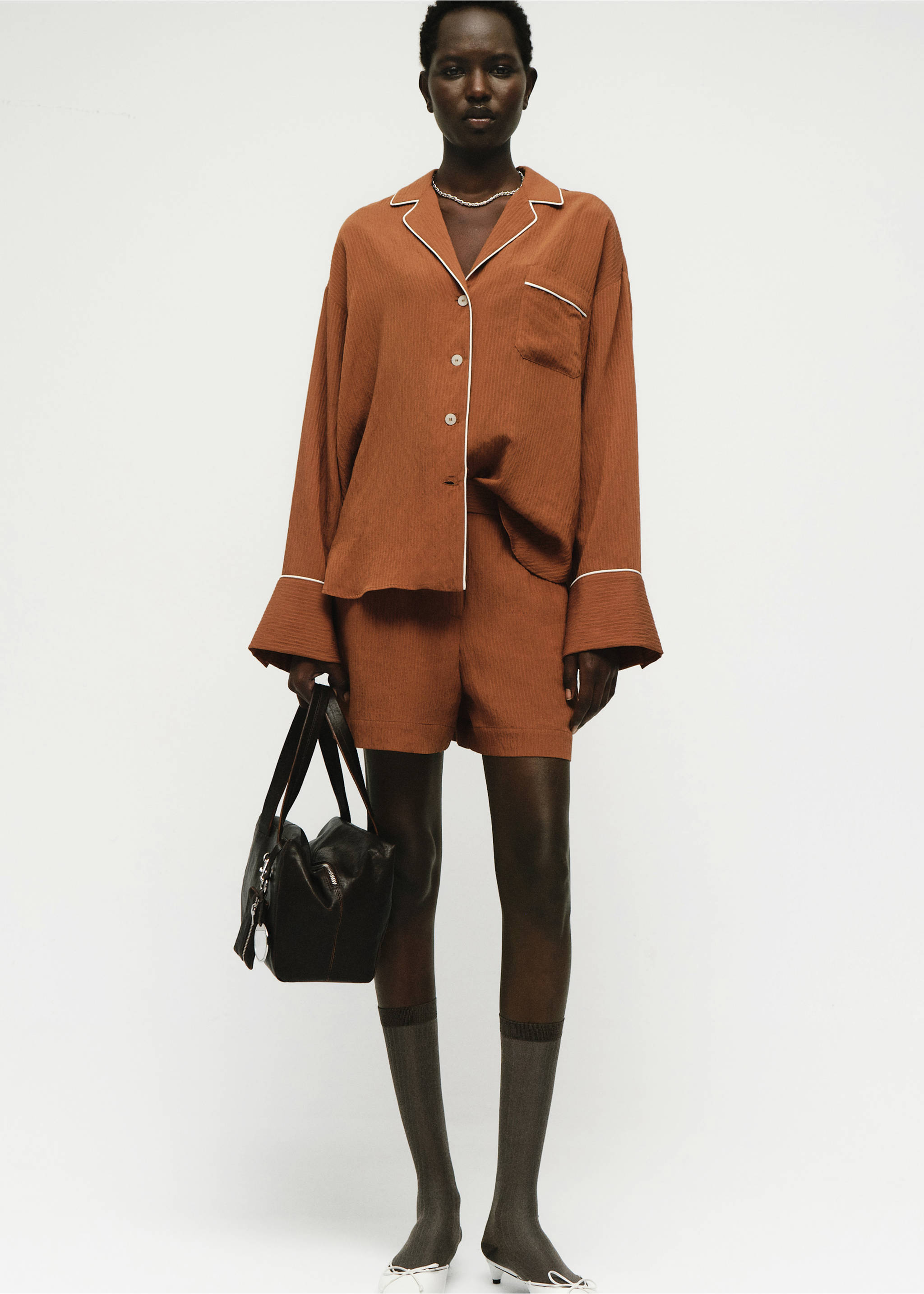 Textured shirt with contrasting trim - General plane, Brown. Ref: 17084788-00.