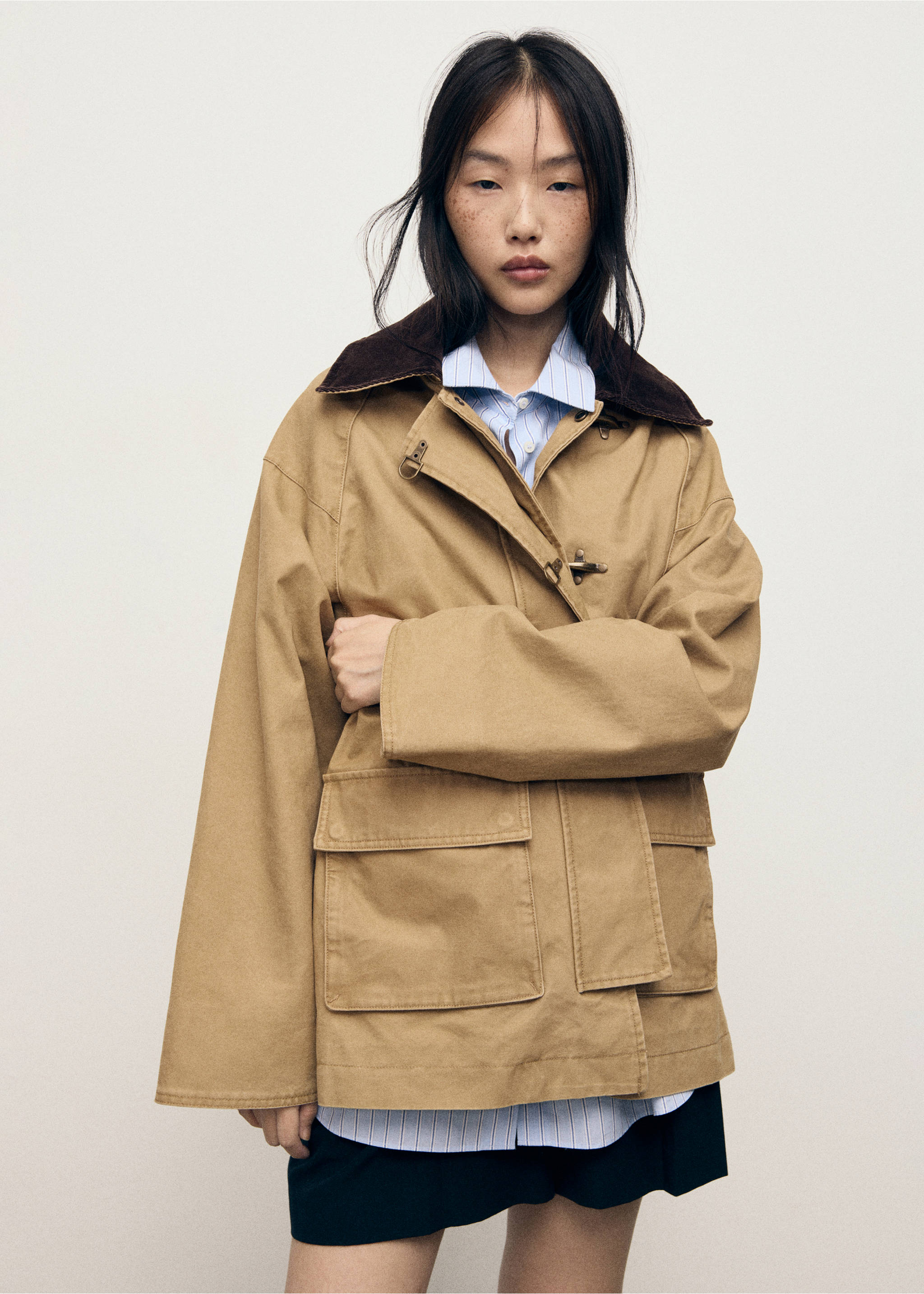 Oversized parka with contrasting collar - Medium plane, Medium Brown. Ref: 17085139-00.