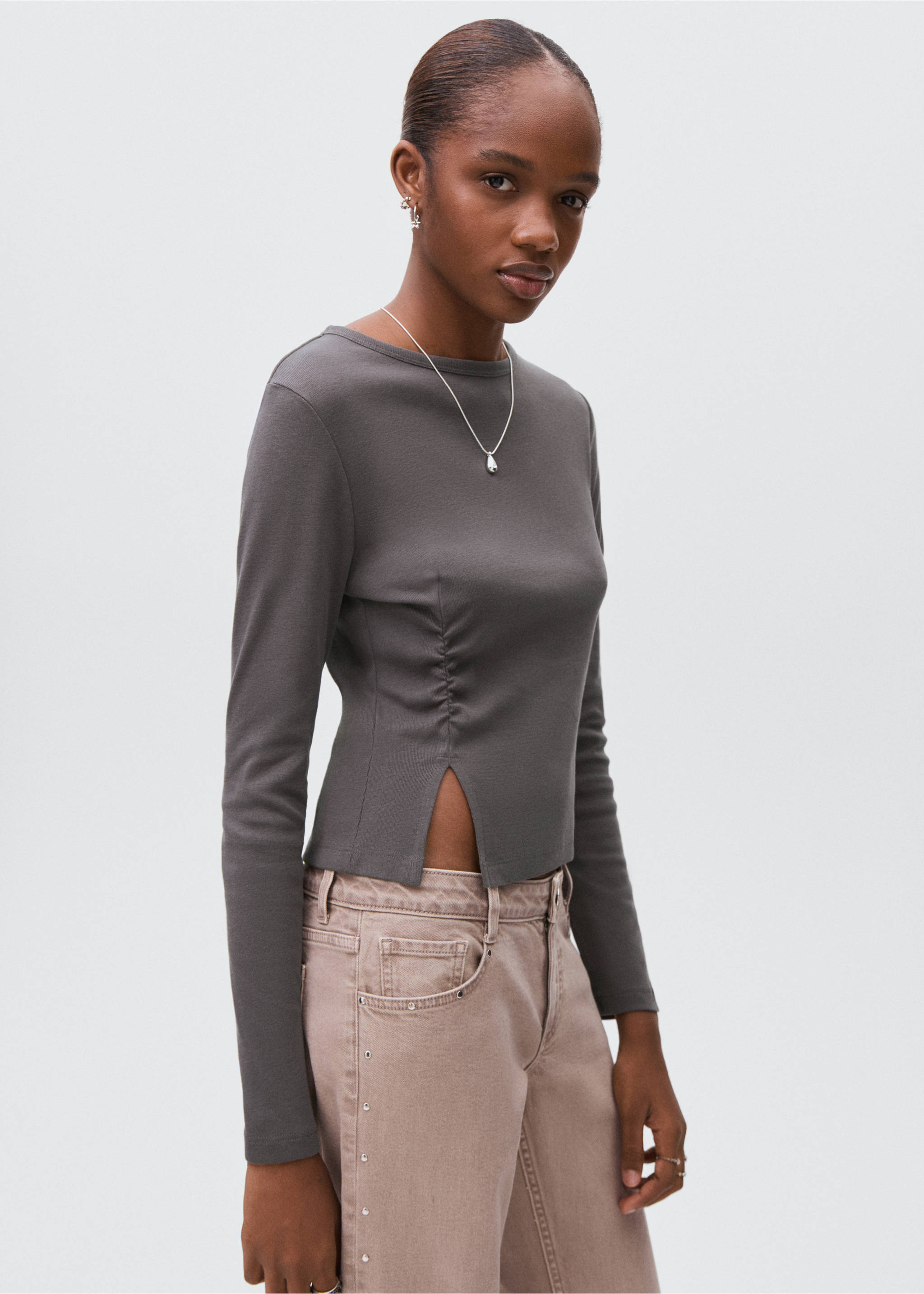 Gathered cotton t-shirt - Medium plane, Charcoal. Ref: 17085791-00.
