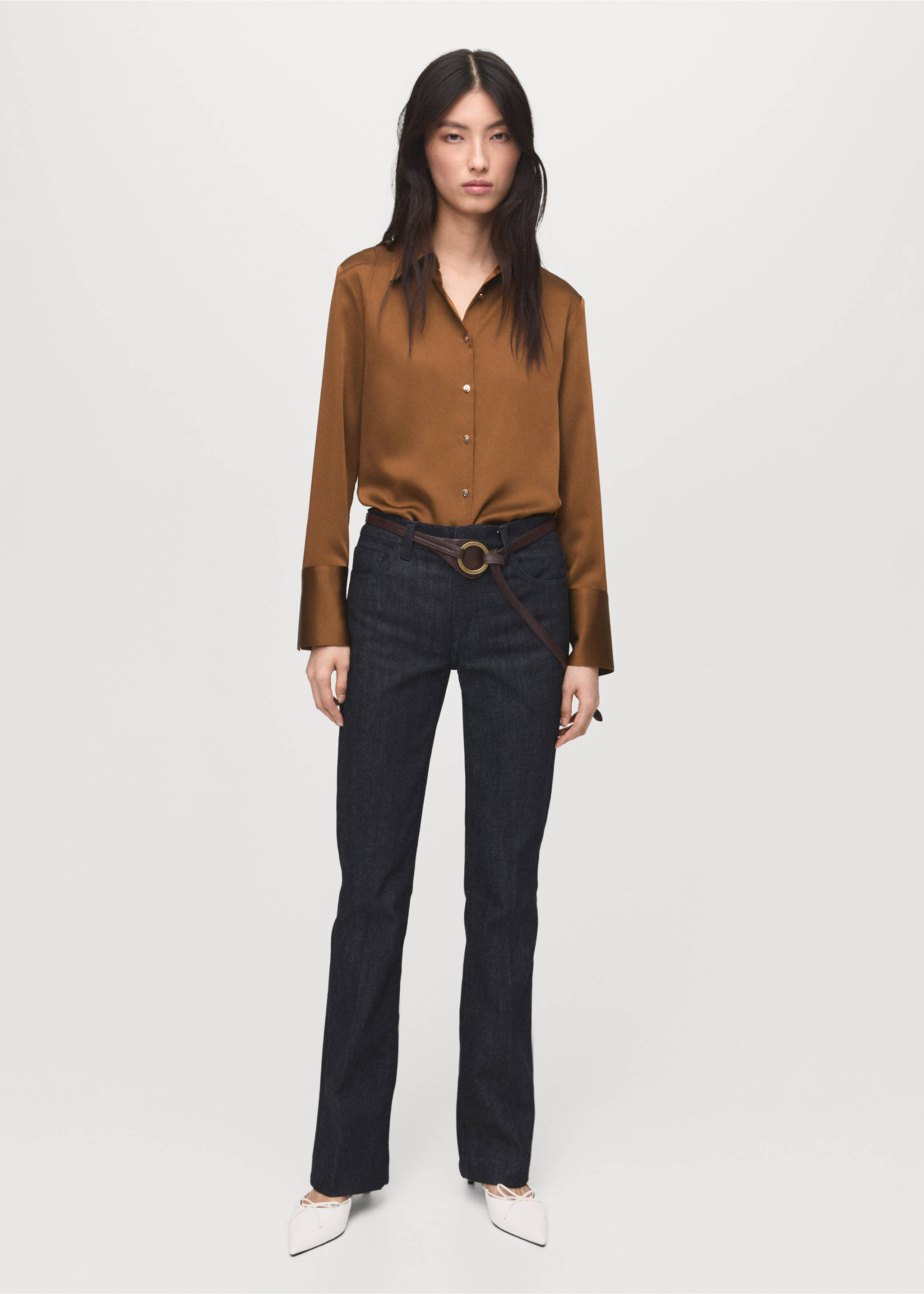Brown satin long-sleeve shirt worn with dark blue denim trousers and a thin belt., Mustard. Ref: 17085800-00.