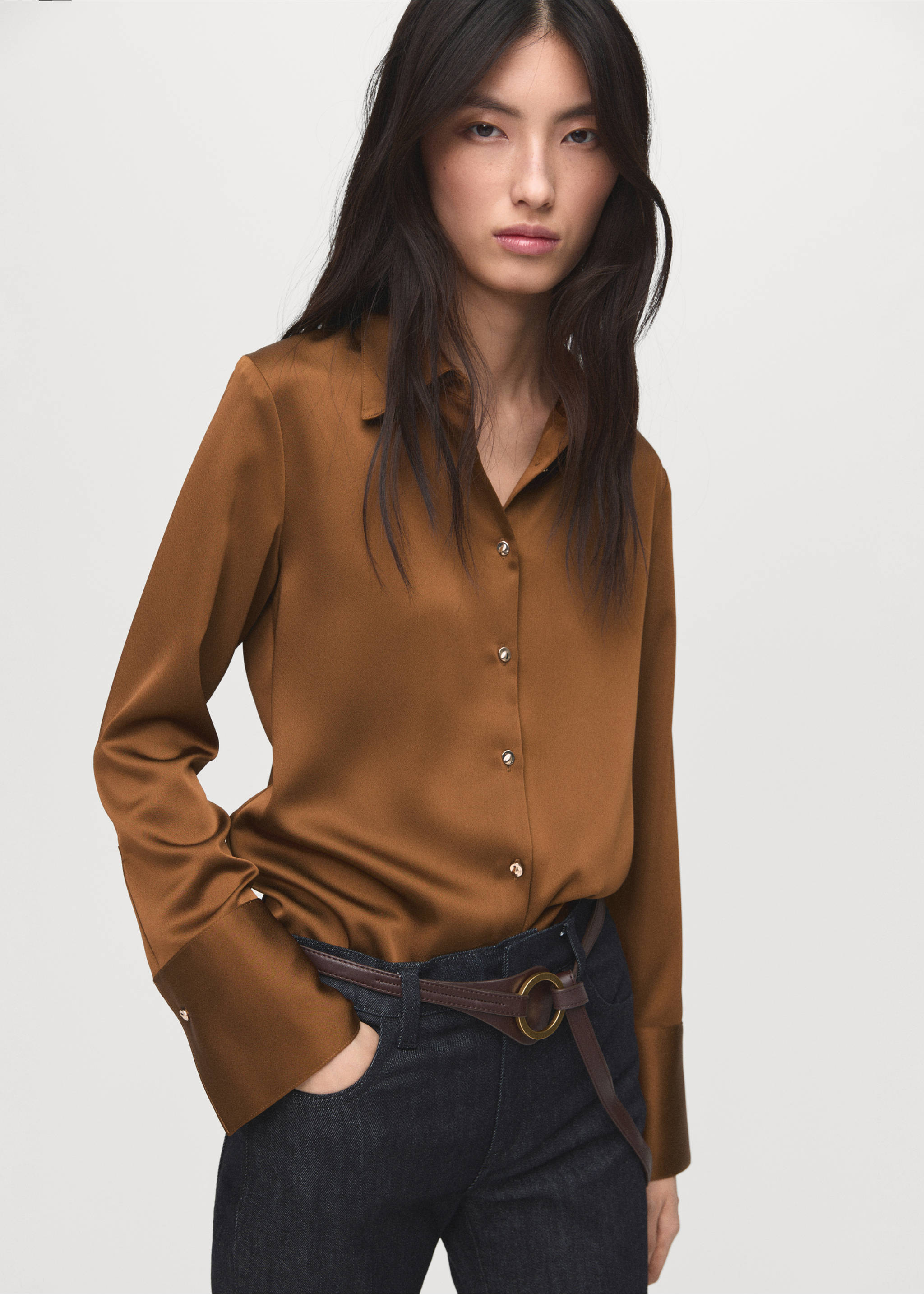 Brown satin long-sleeve shirt with wide cuffs and metallic buttons., Mustard. Ref: 17085800-00.