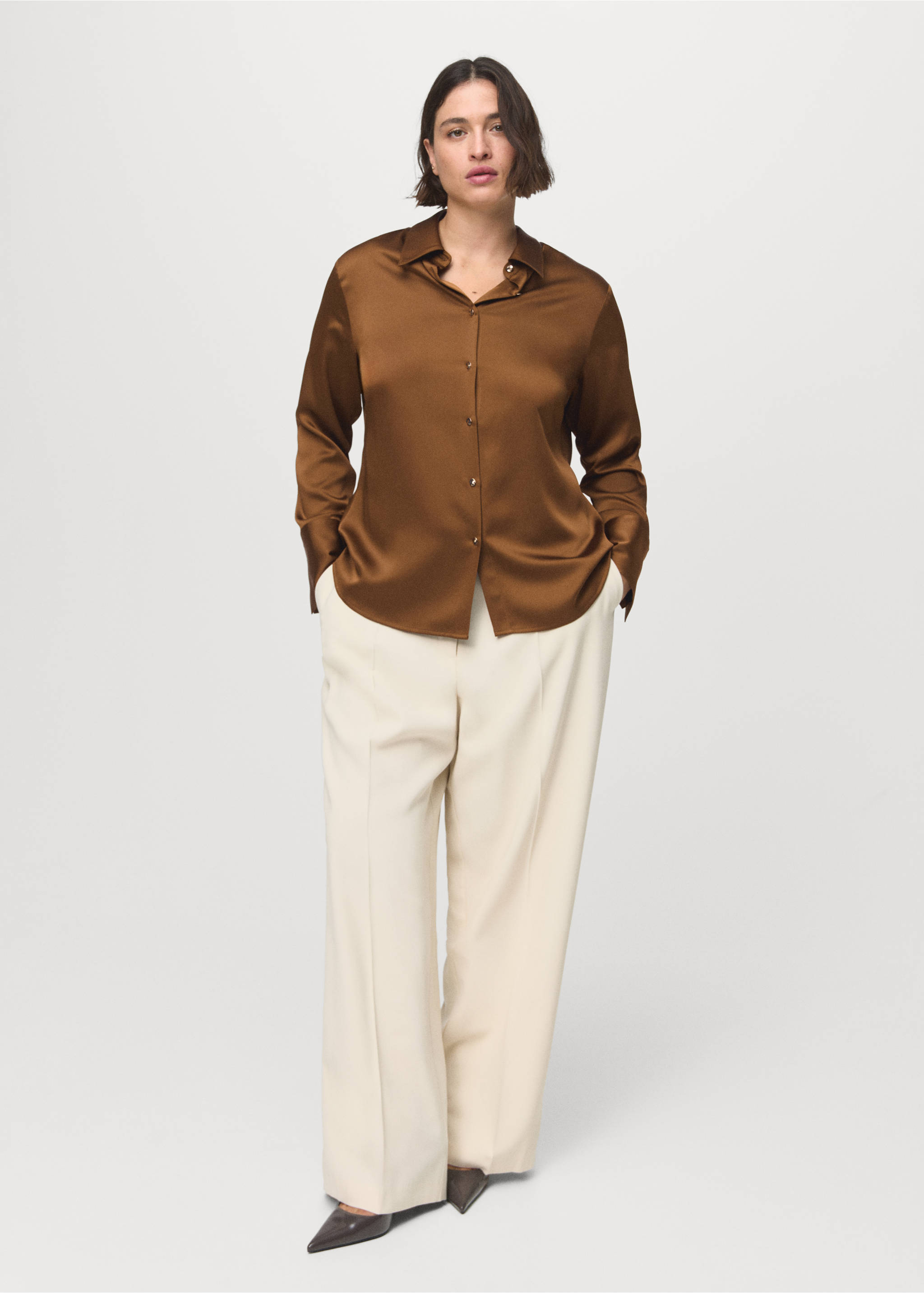 Brown satin shirt with long sleeves and classic collar, styled with cream trousers., Mustard. Ref: 17085800-00.