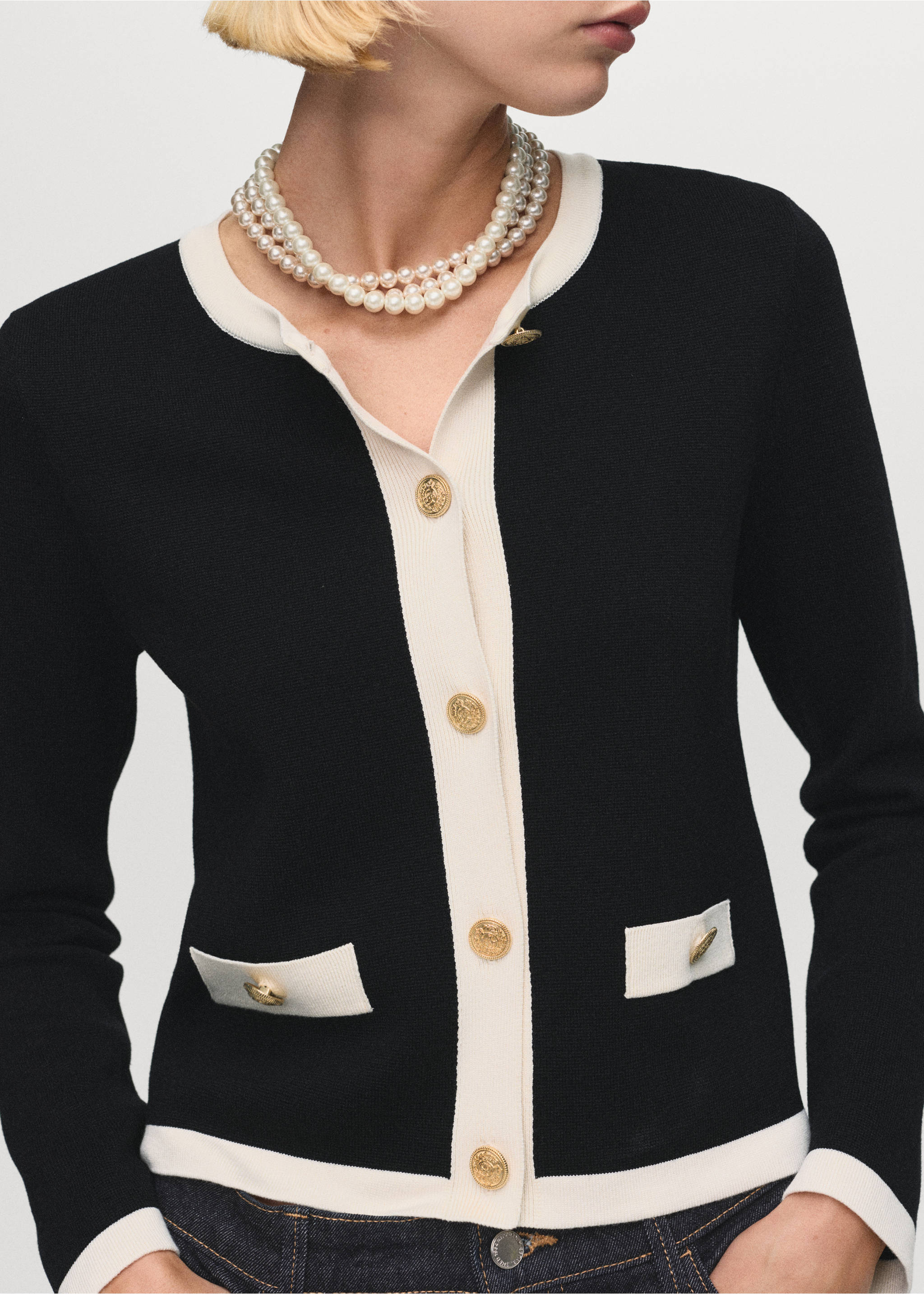 Contrasting ribbed cardigan - Medium plane, Black. Ref: 17085821-00.