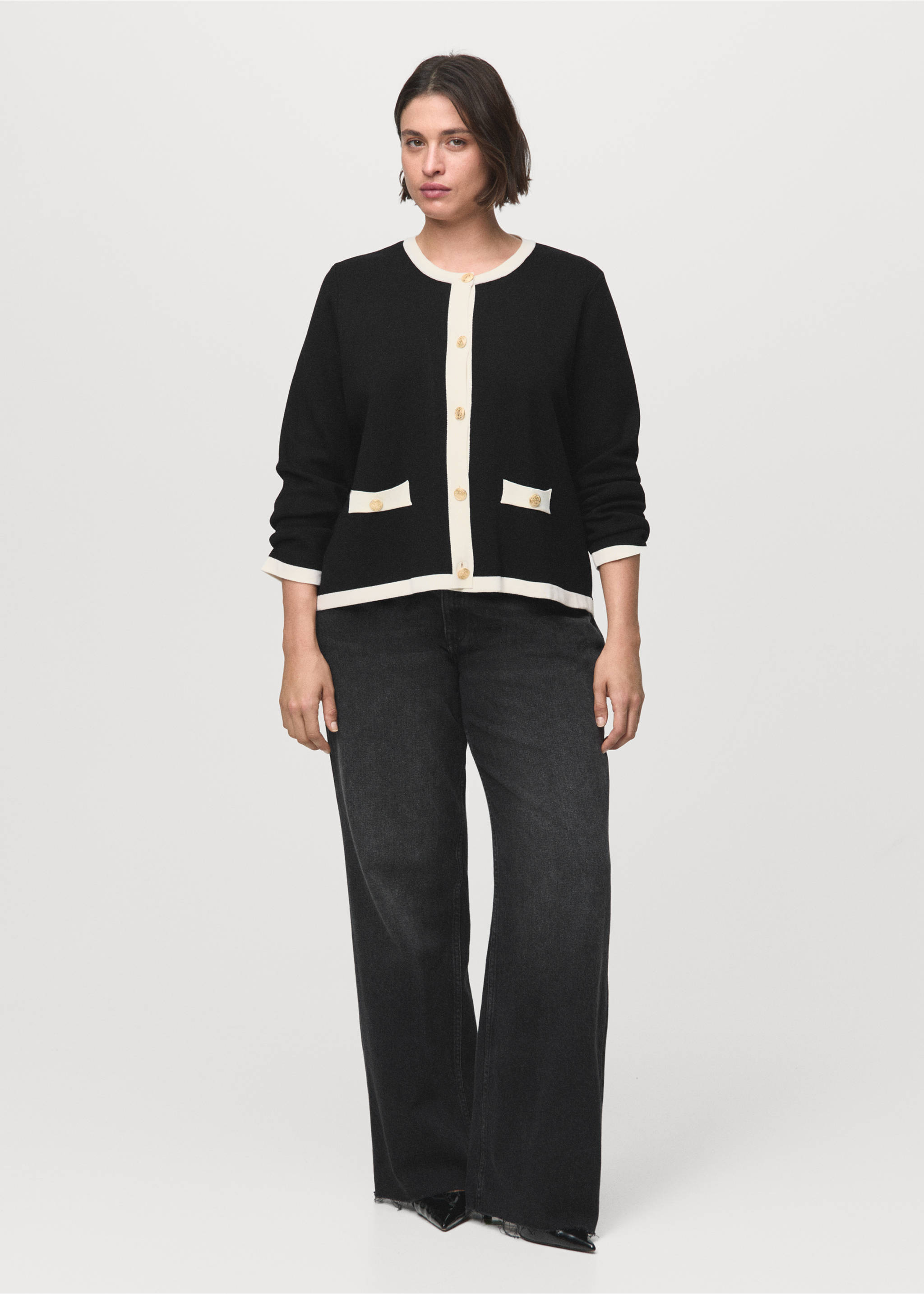 Contrasting ribbed cardigan - Details of the article 3, Black. Ref: 17085821-00.