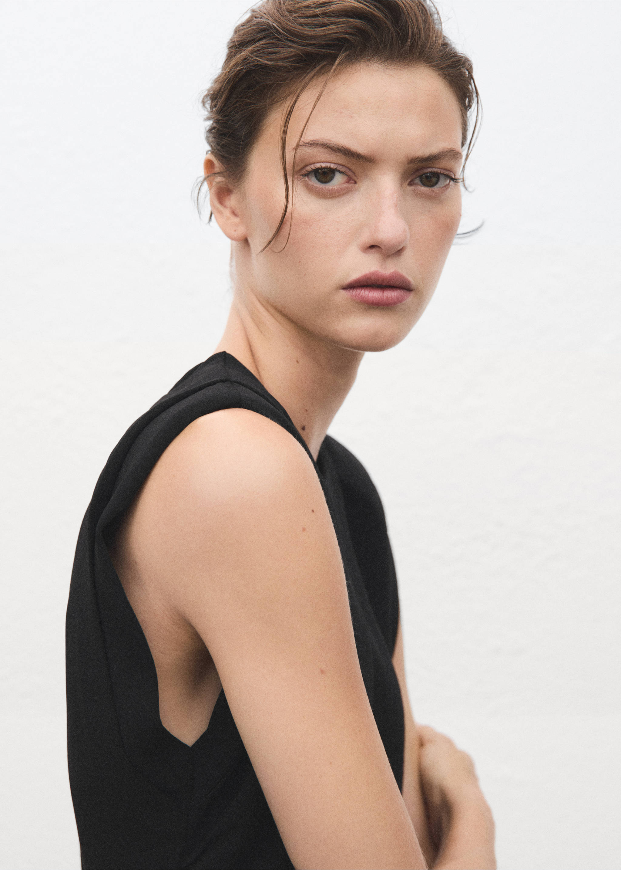 Ruched long jumpsuit - Details of the article 1, Black. Ref: 17085829-00.