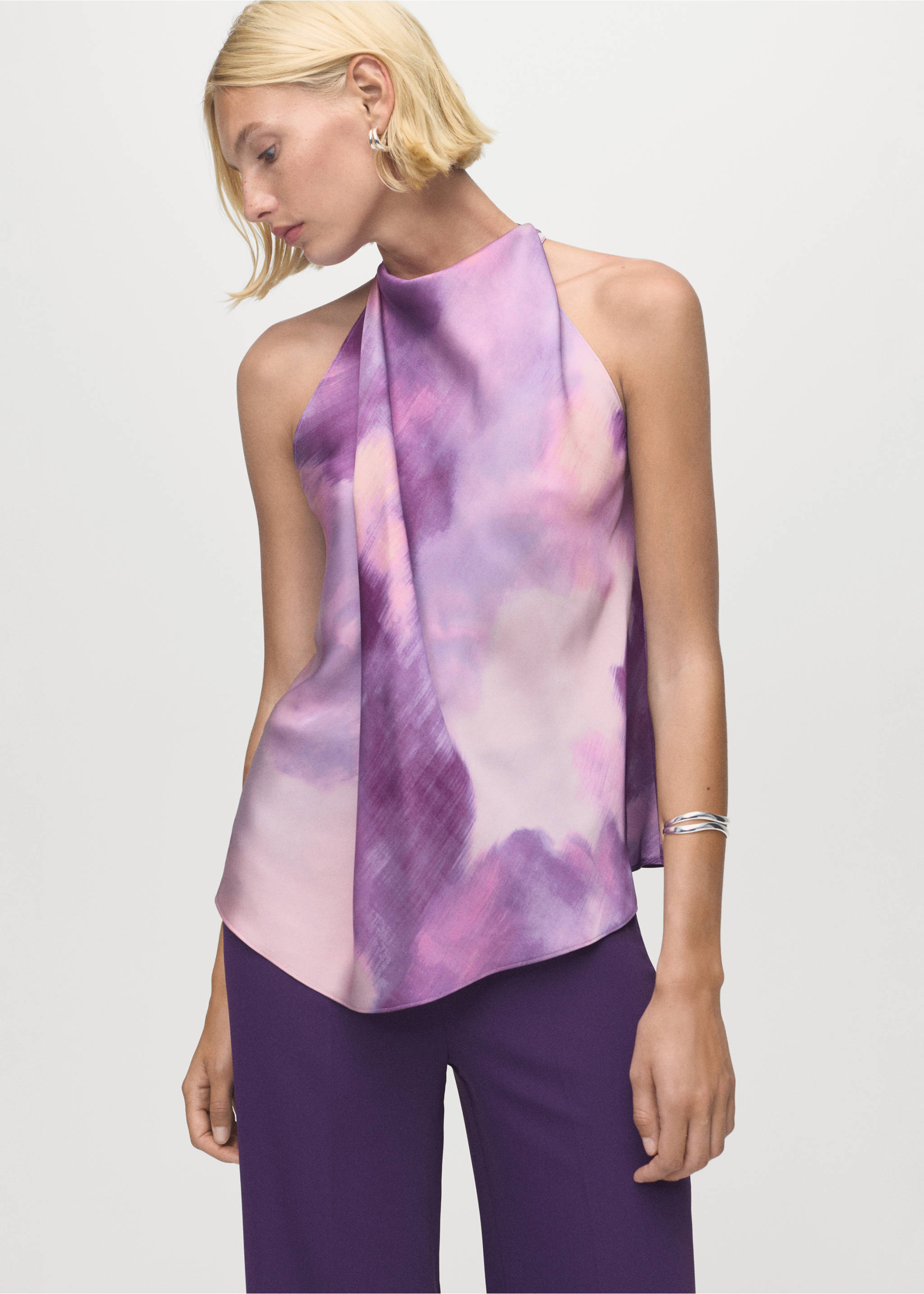 Tie-dye blouse with foulard - Medium plane, Light/Pastel Purple. Ref: 17085999-00.