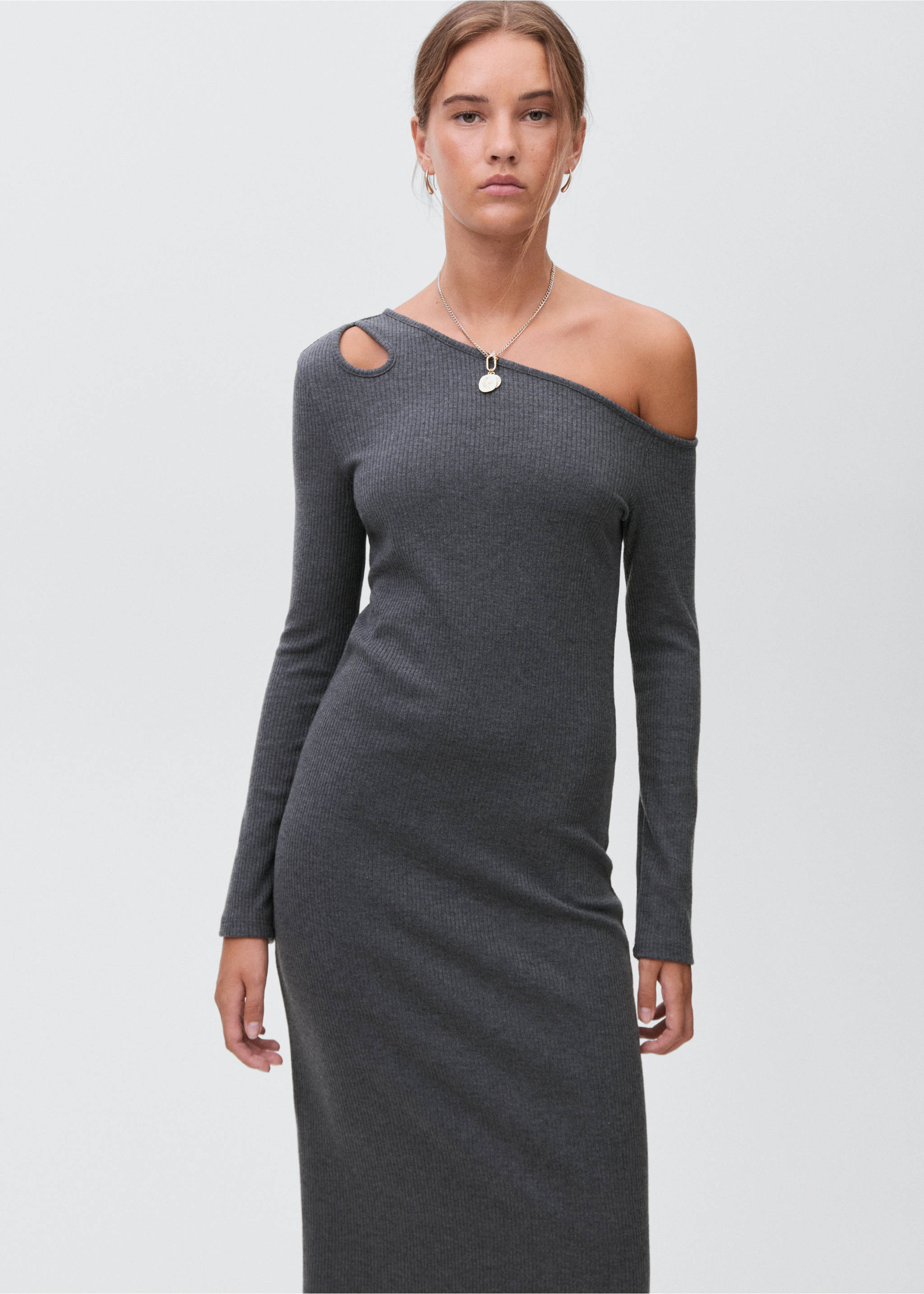 Langes Cut-Out-Kleid - Mittlere Ansicht, Dunkelgrau meliert. Ref: 17086340-00.