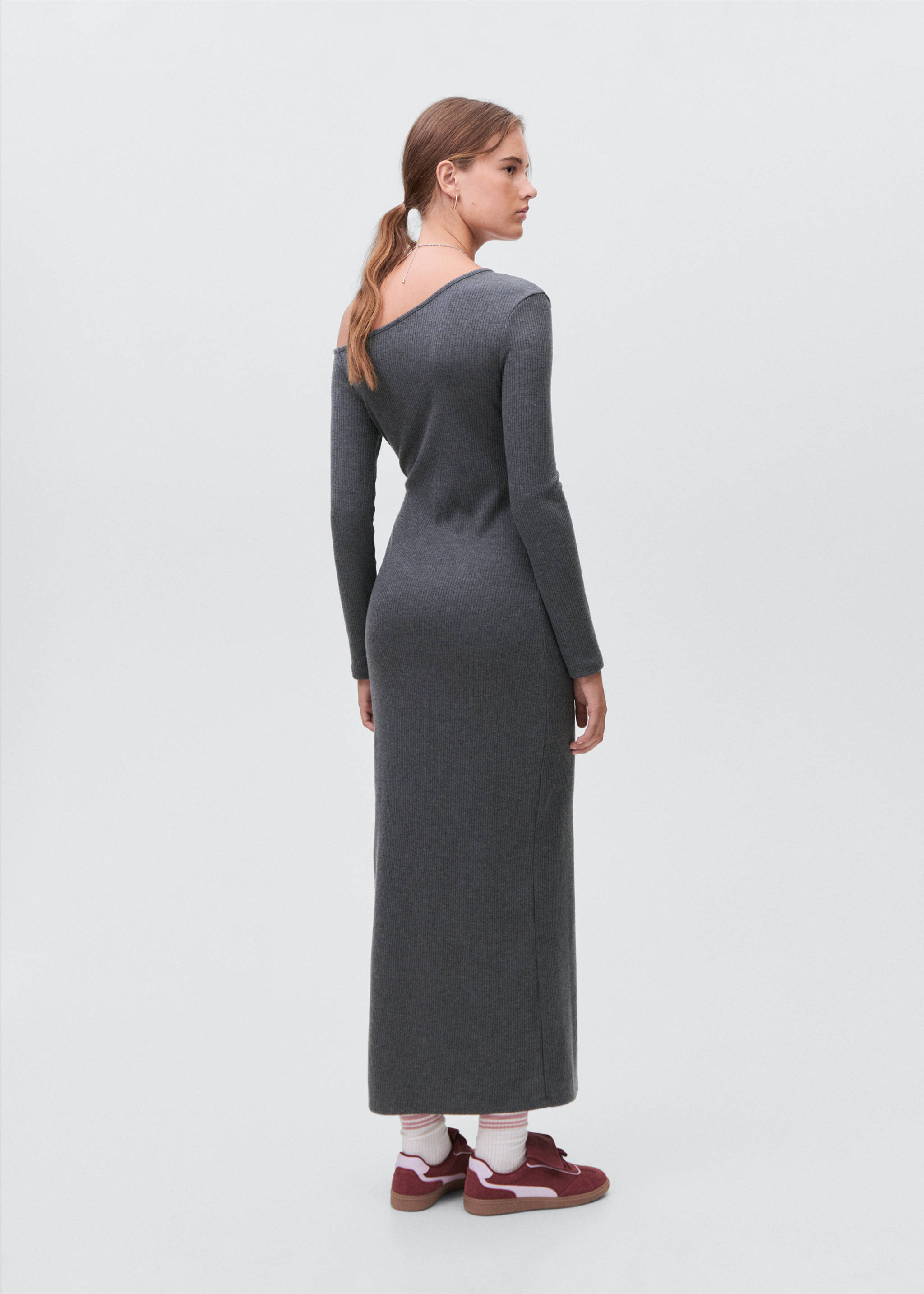 Langes Cut-Out-Kleid - Rückseite des Artikels, Dunkelgrau meliert. Ref: 17086340-00.