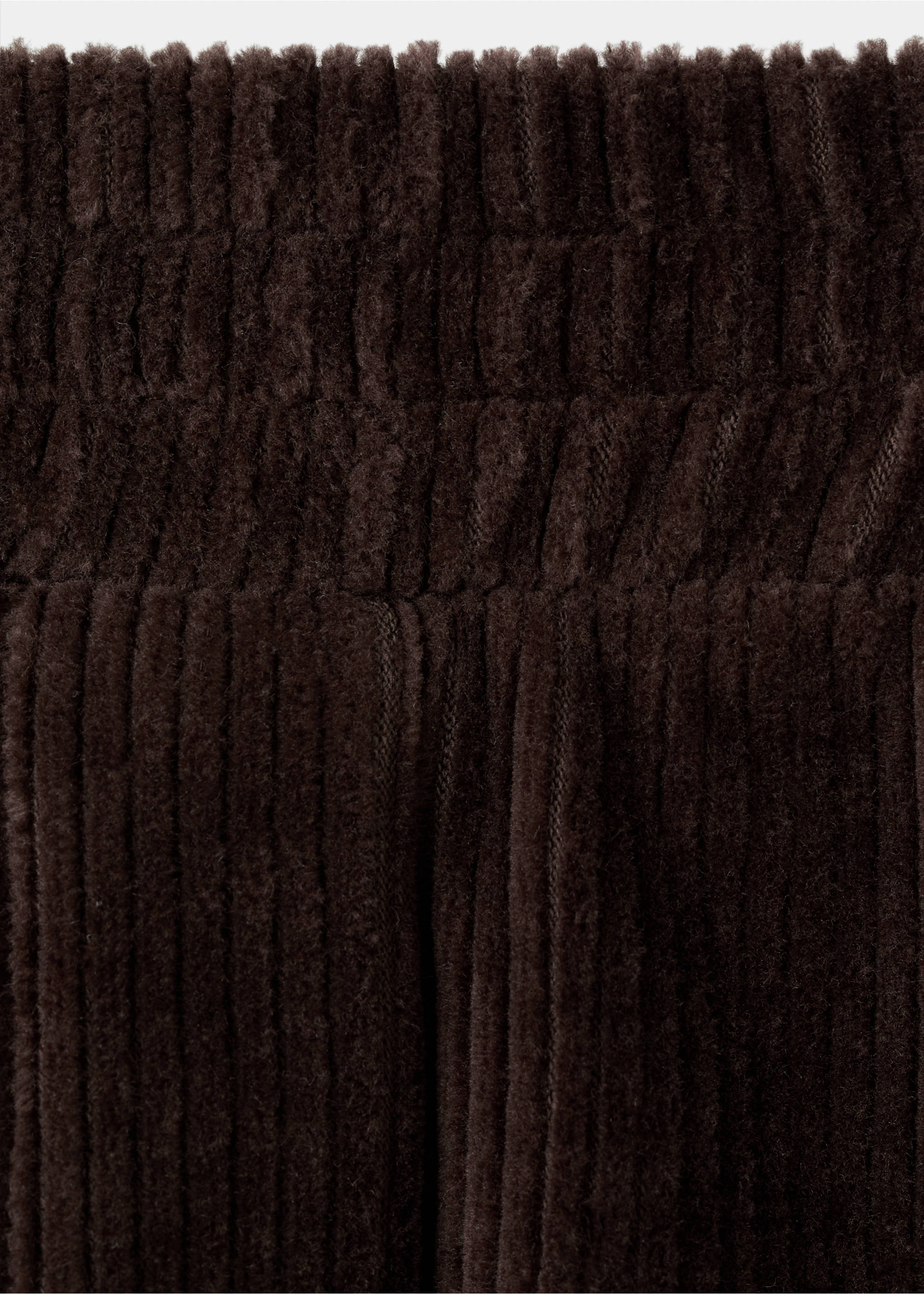 Close-up of the elasticated waistband on dark brown corduroy shorts., Chocolate. Ref: 17086348-00.